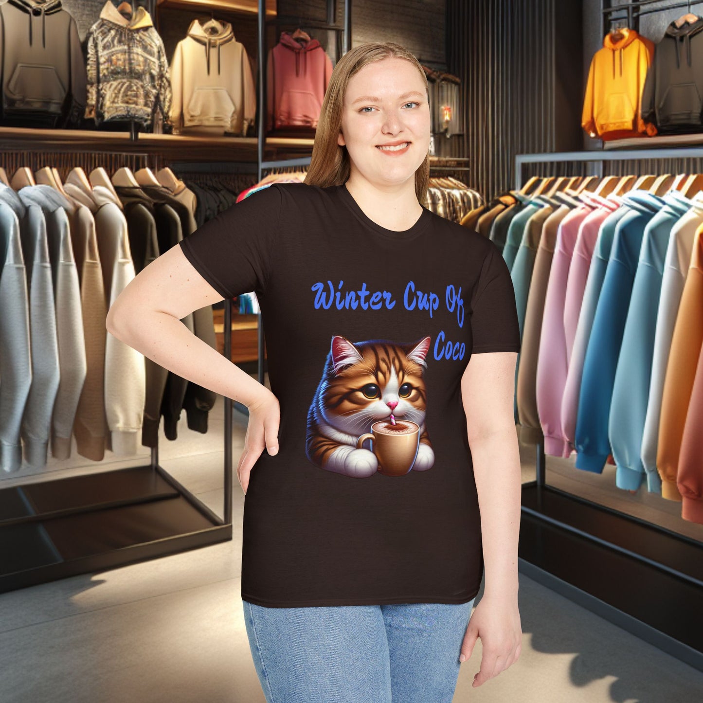 a Cat Sipping on a Cup Of Coco Unisex T-Shirt - Winter Coco