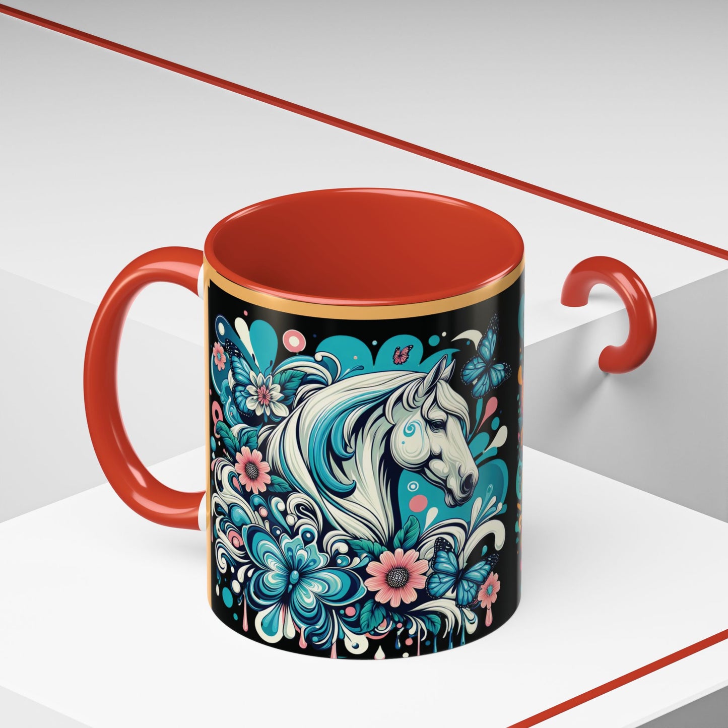 Coffee Mug White Horses with Blue Highlights in Flowers - Mug
