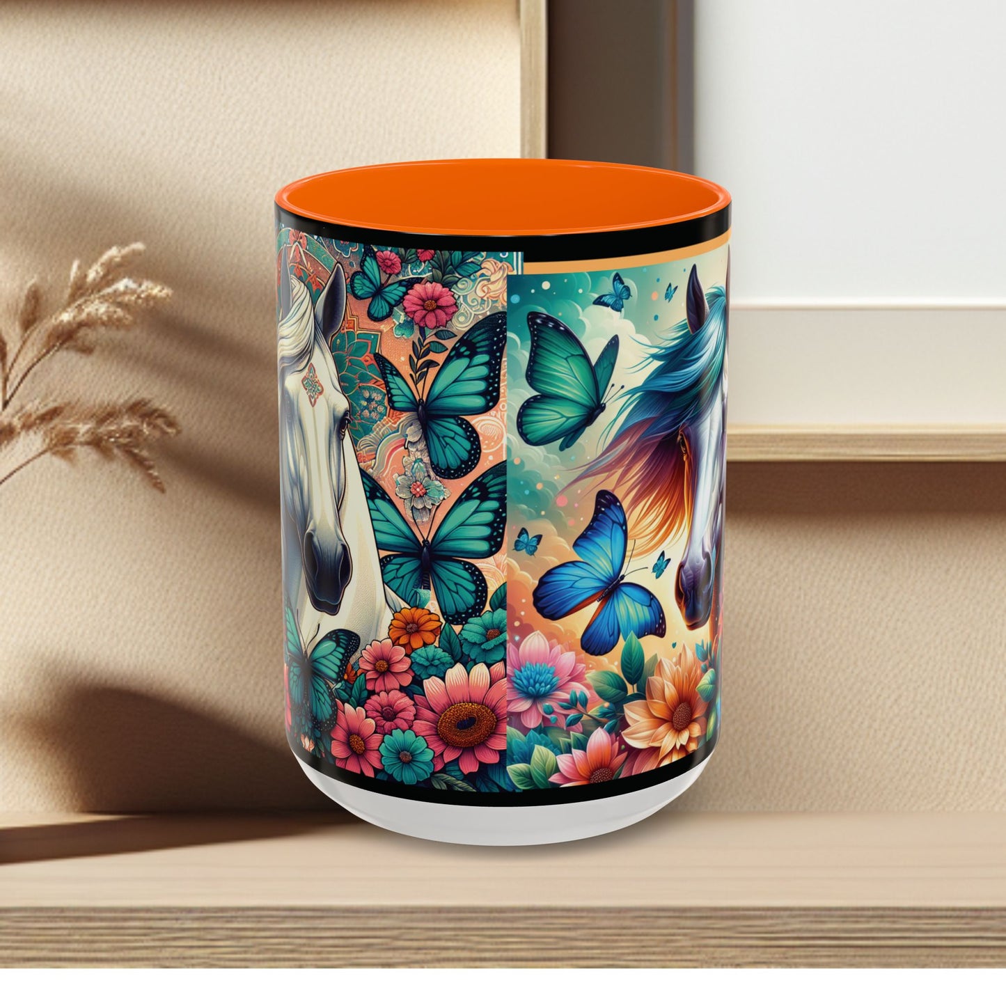 Coffee Mug Horses, Flowers, and Butterflies Mug