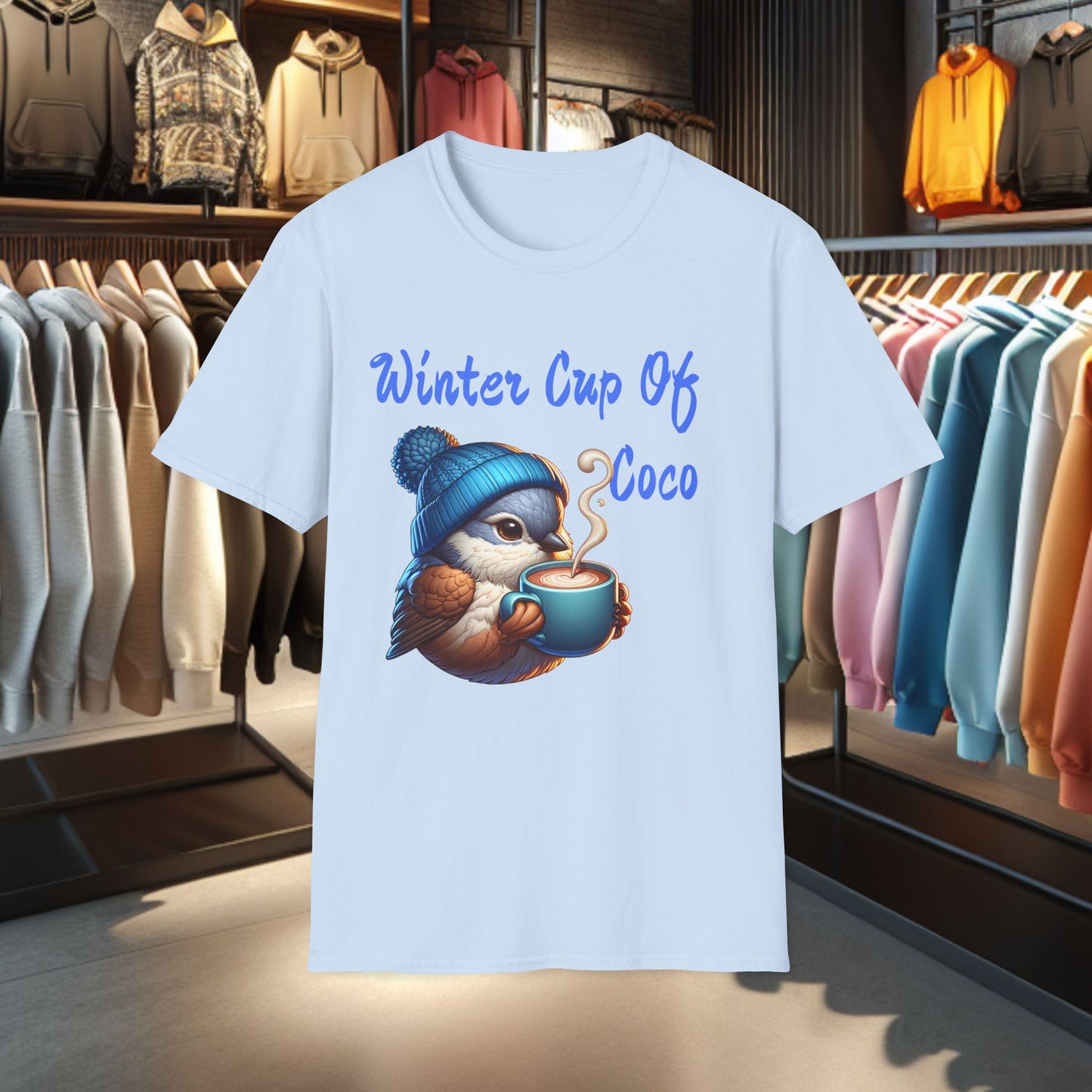Blue Bird With a Cup Of Coco Unisex T-Shirt - Winter Coco