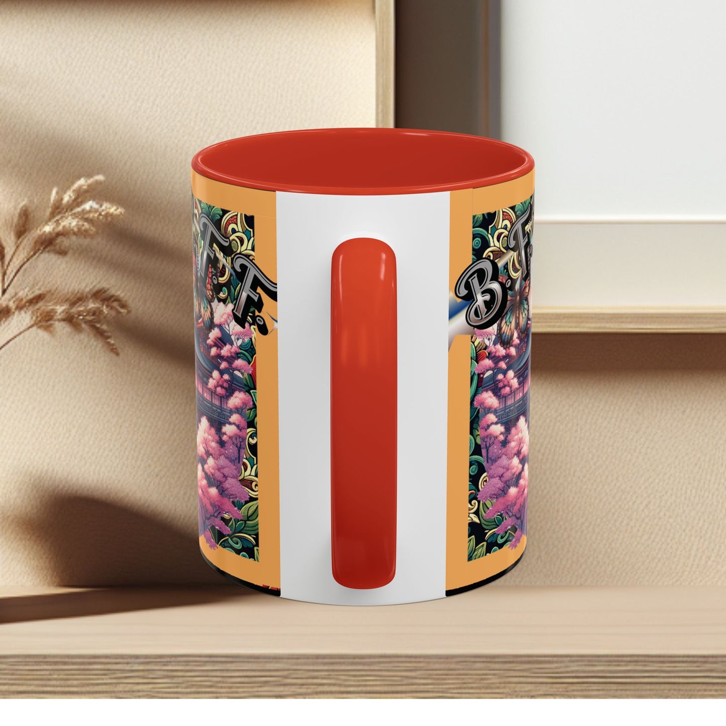 Mug - 3 B F F kittens and Butterflies Coffee Mug with Cherry Blossoms