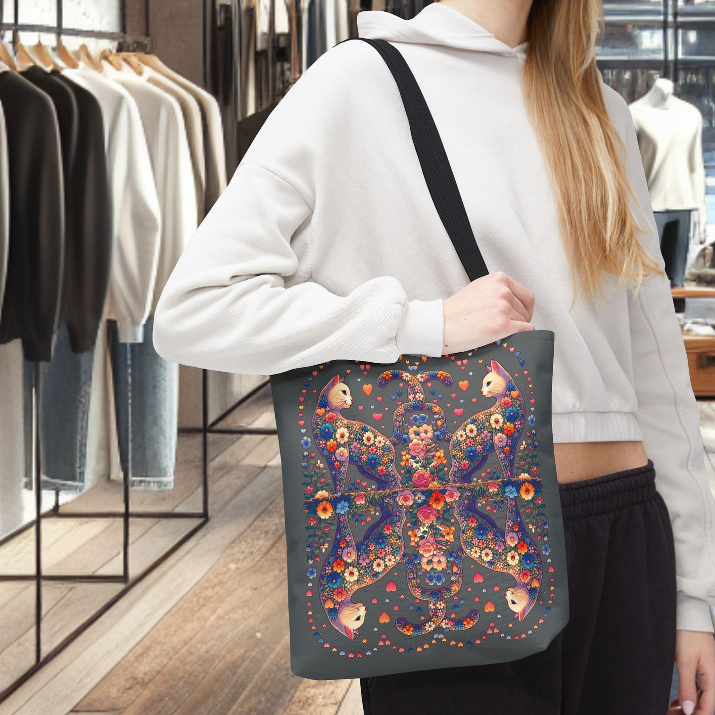 Mosaic Loving Cat Dark Gray Tote Bag (AOP)