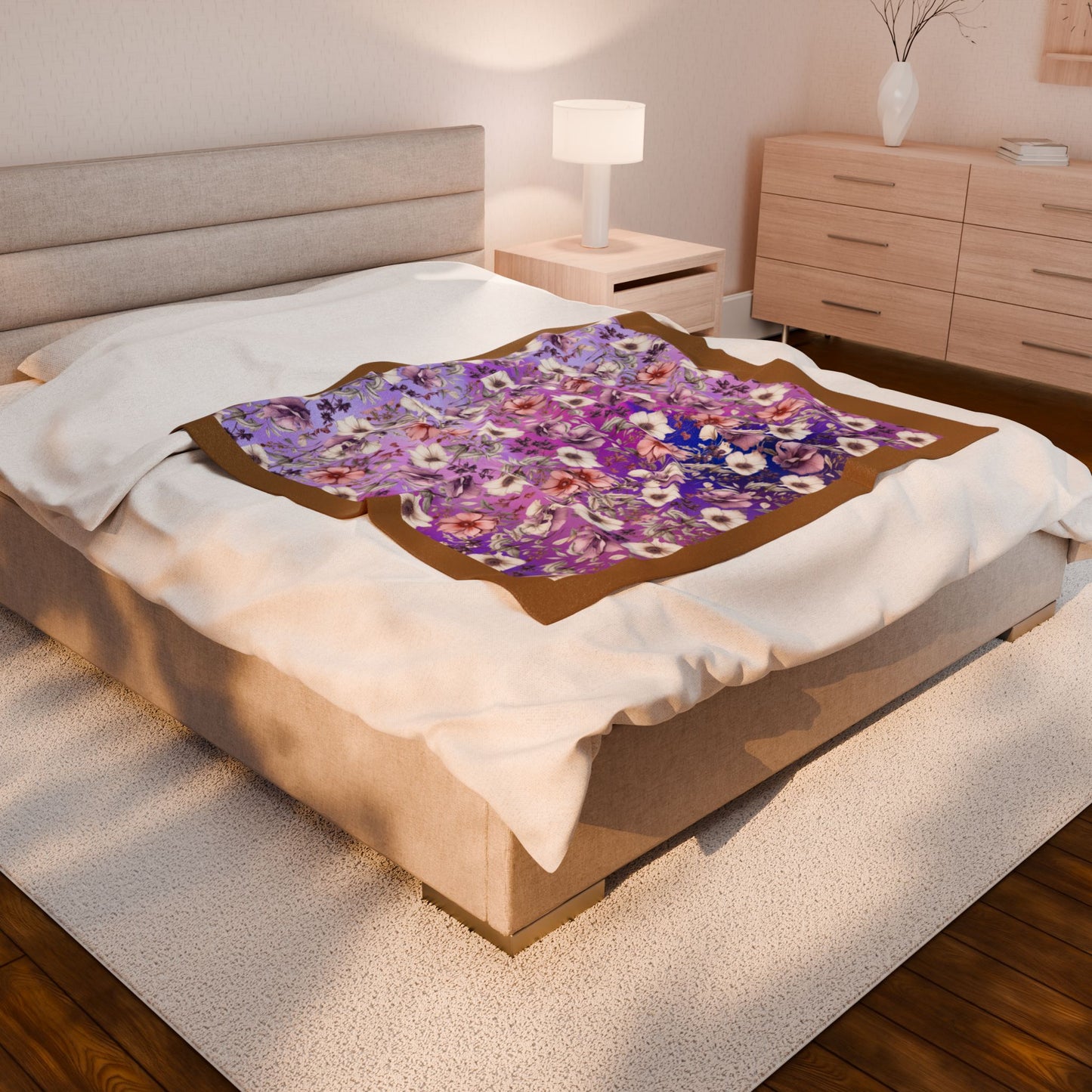 Plush Blanket - Floral with Purple Background and Gold Border