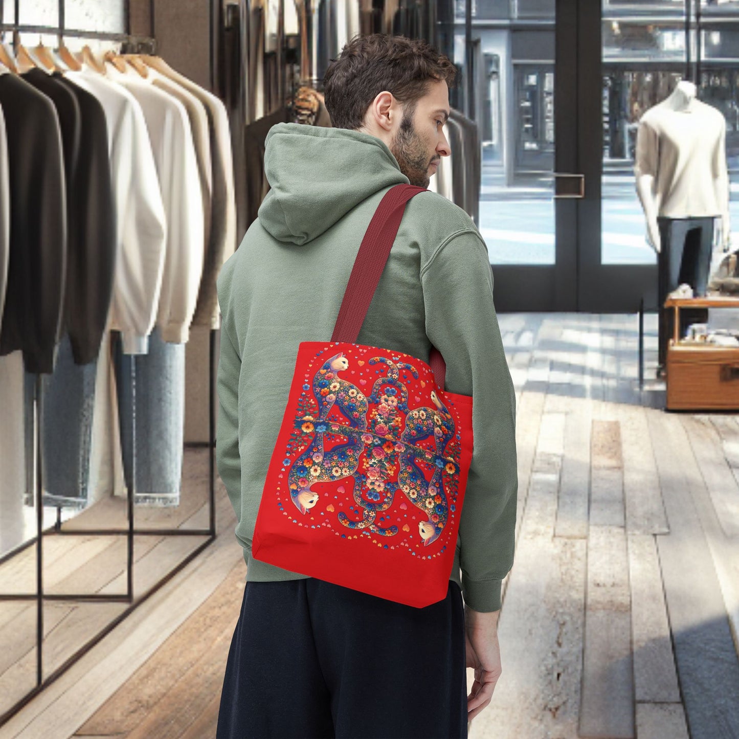 Loving Cat Flower Mozaic Tote Bag Dark Red