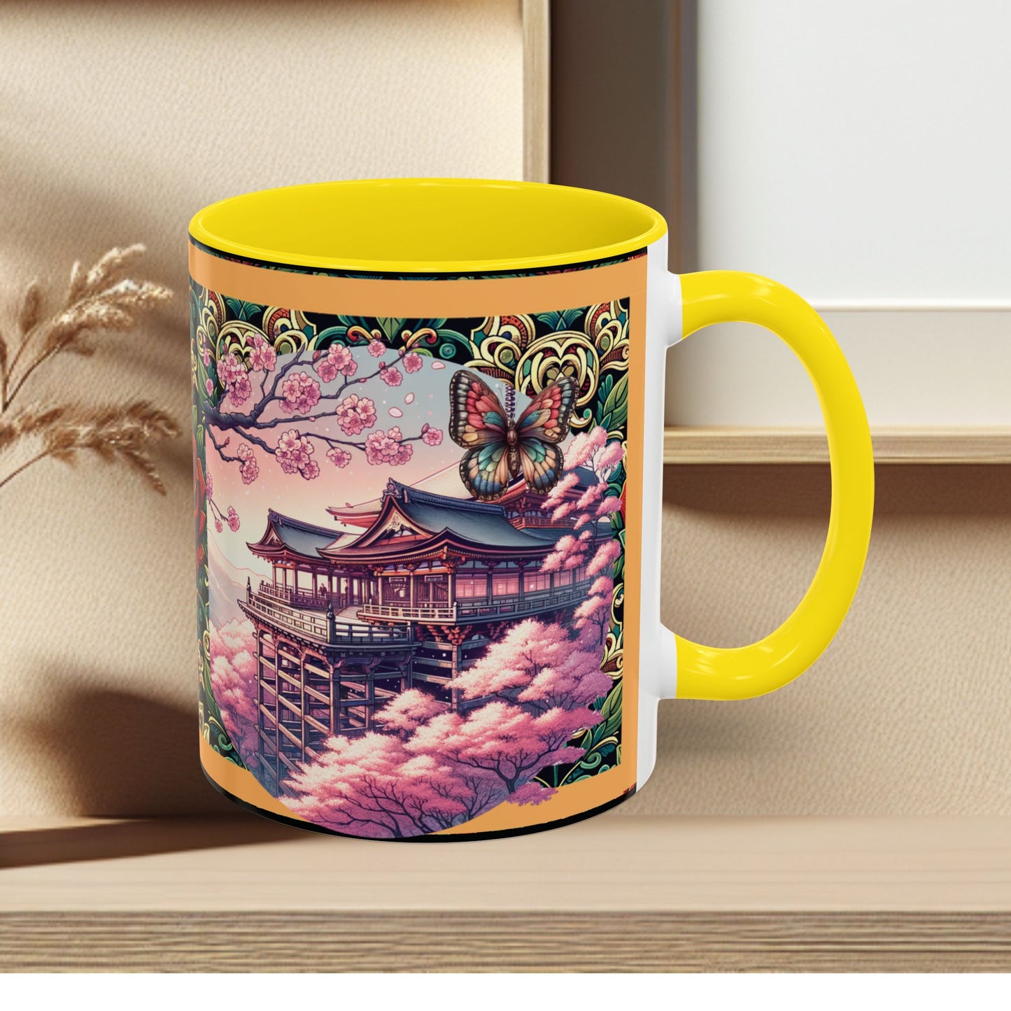 Mug - Sakura Butterfly Coffee Mug with Cherry Blossoms and a Rose
