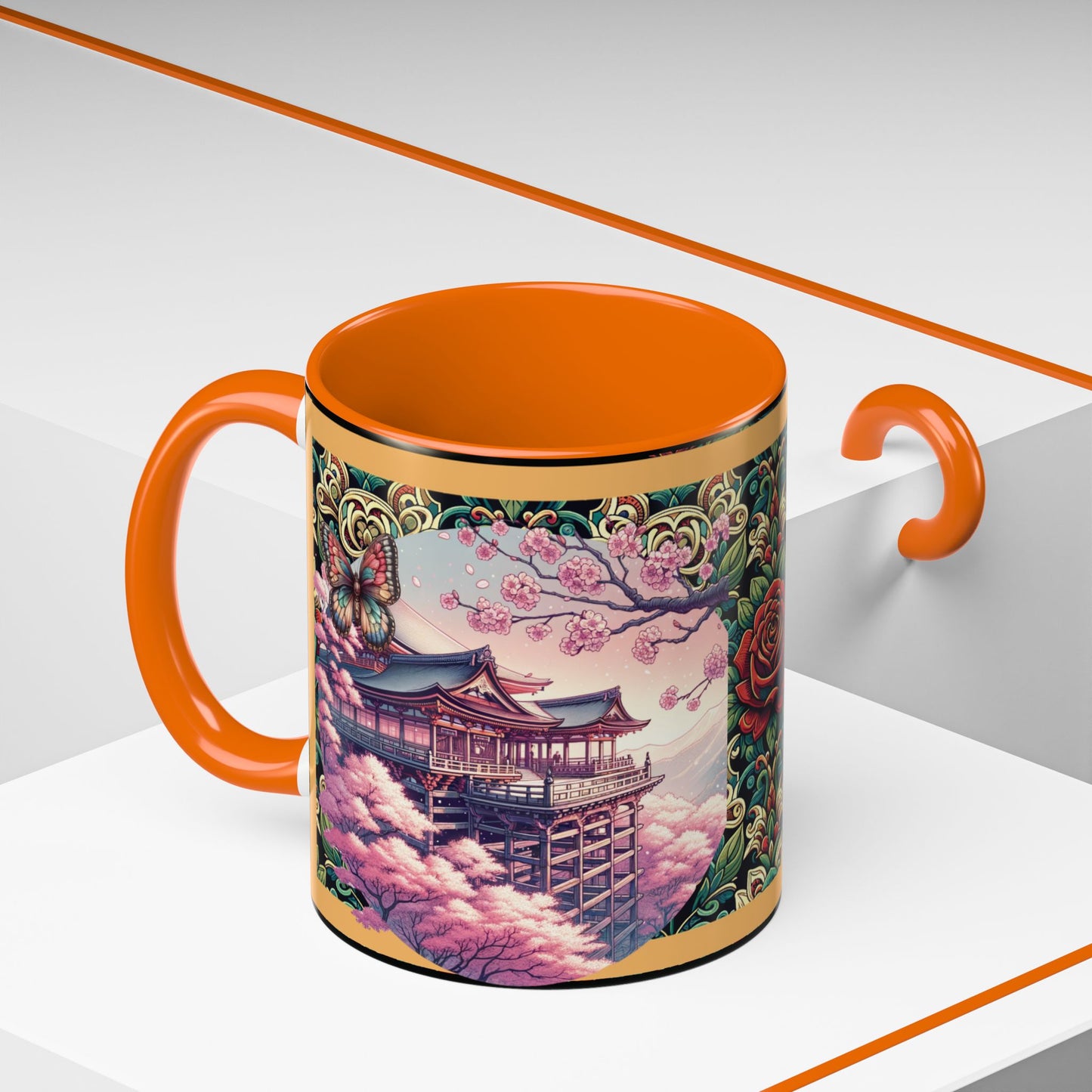 Mug - Sakura Butterfly Coffee Mug with Cherry Blossoms and a Rose