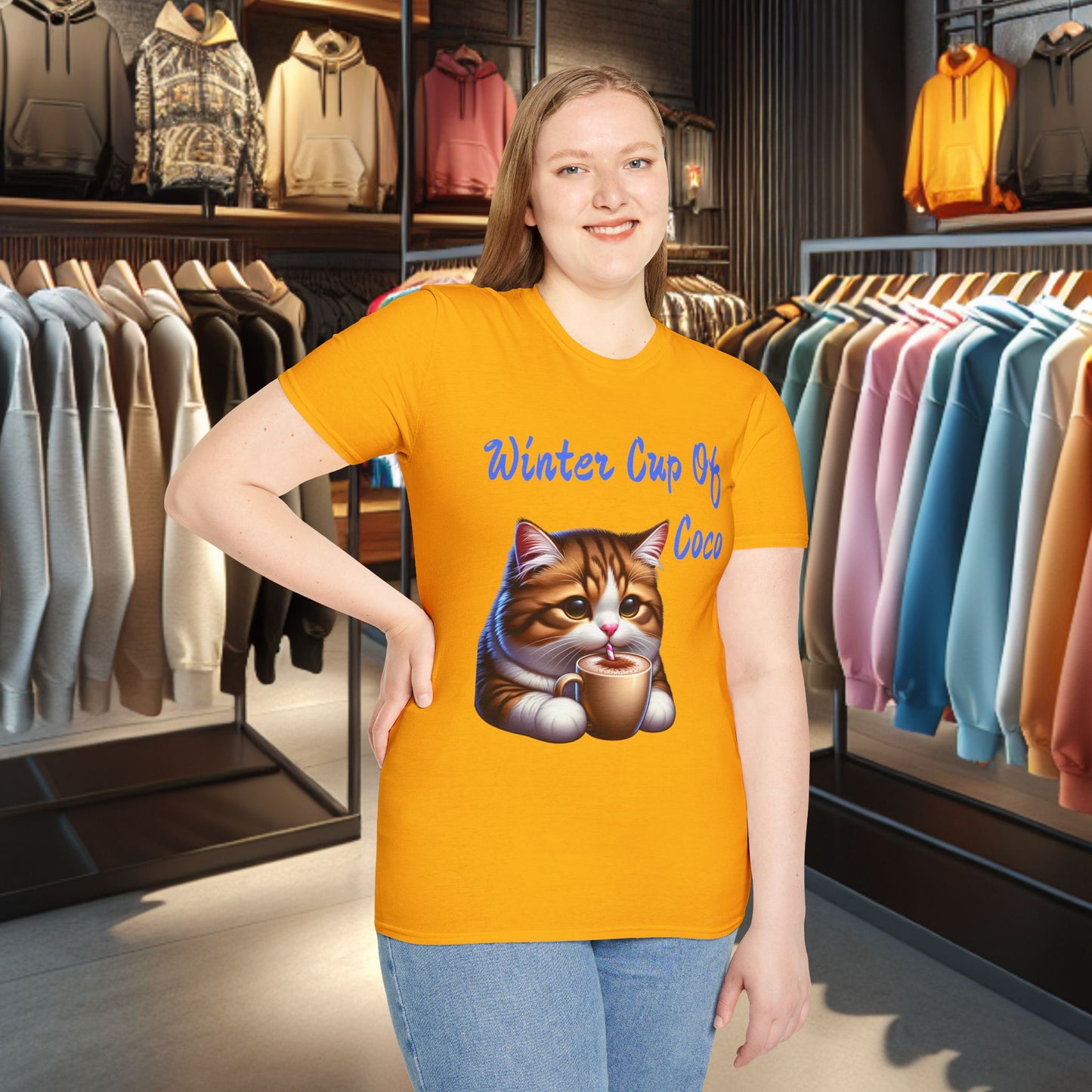 a Cat Sipping on a Cup Of Coco Unisex T-Shirt - Winter Coco