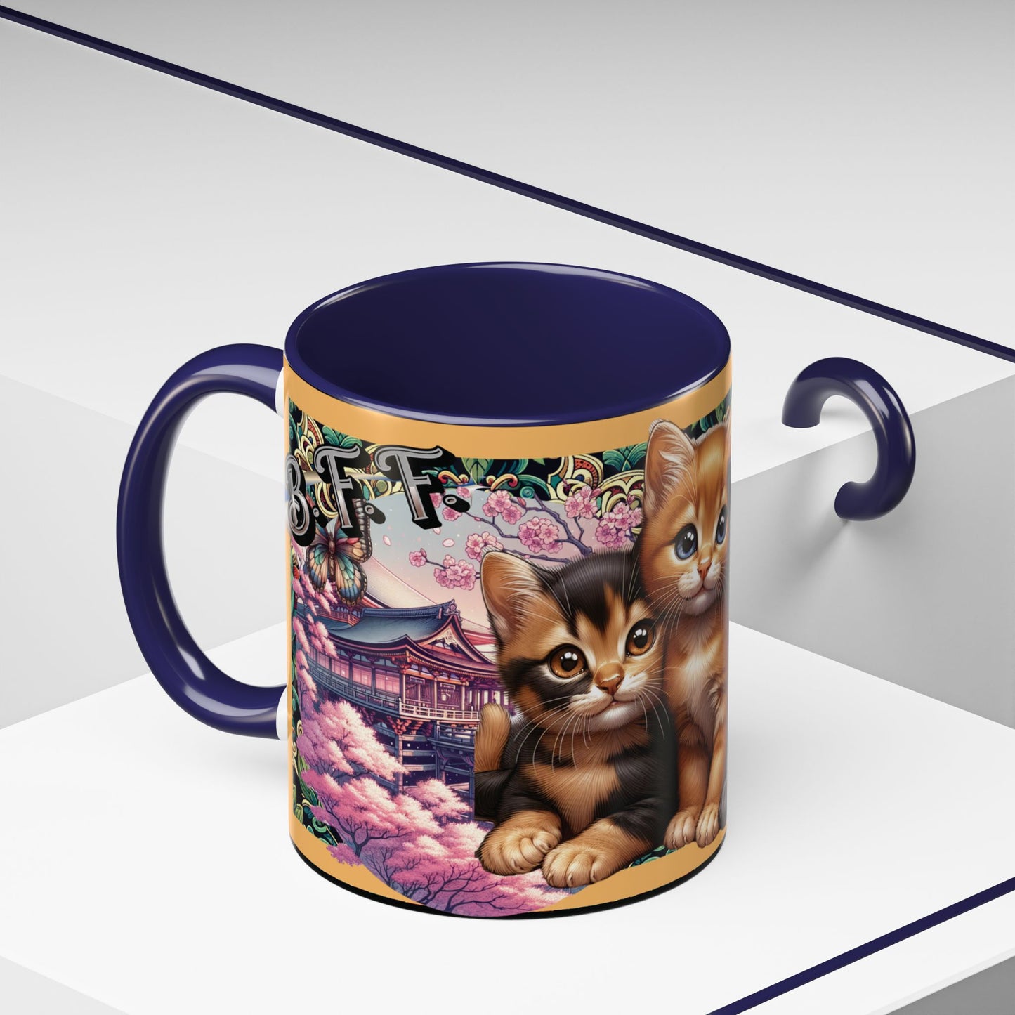 Mug - 3 B F F kittens and Butterflies Coffee Mug with Cherry Blossoms