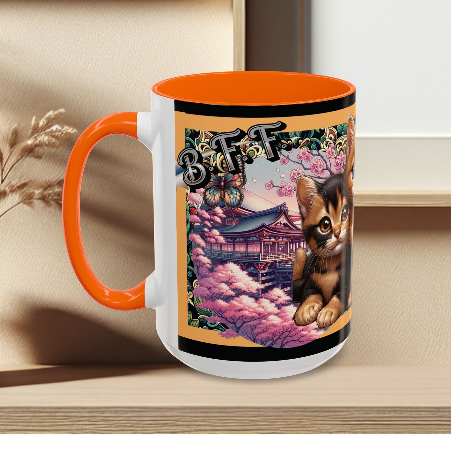 Mug - 3 B F F kittens and Butterflies Coffee Mug with Cherry Blossoms
