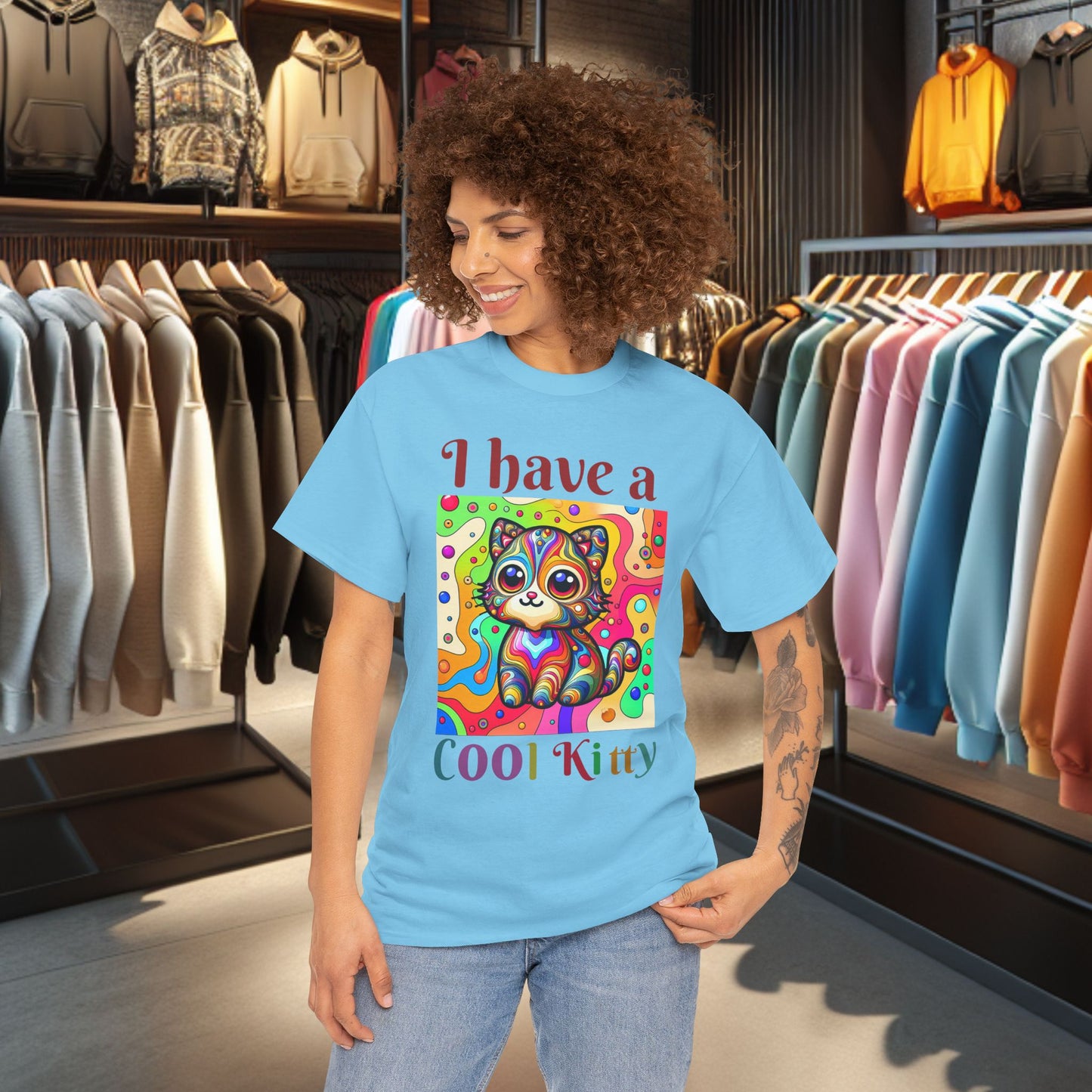 Cool Kitty Heavy Cotton Tee | Cat Lover Gift | Colorful Fun Shirt | Cute Animal Apparel | Perfect for Birthdays & Pet Lovers