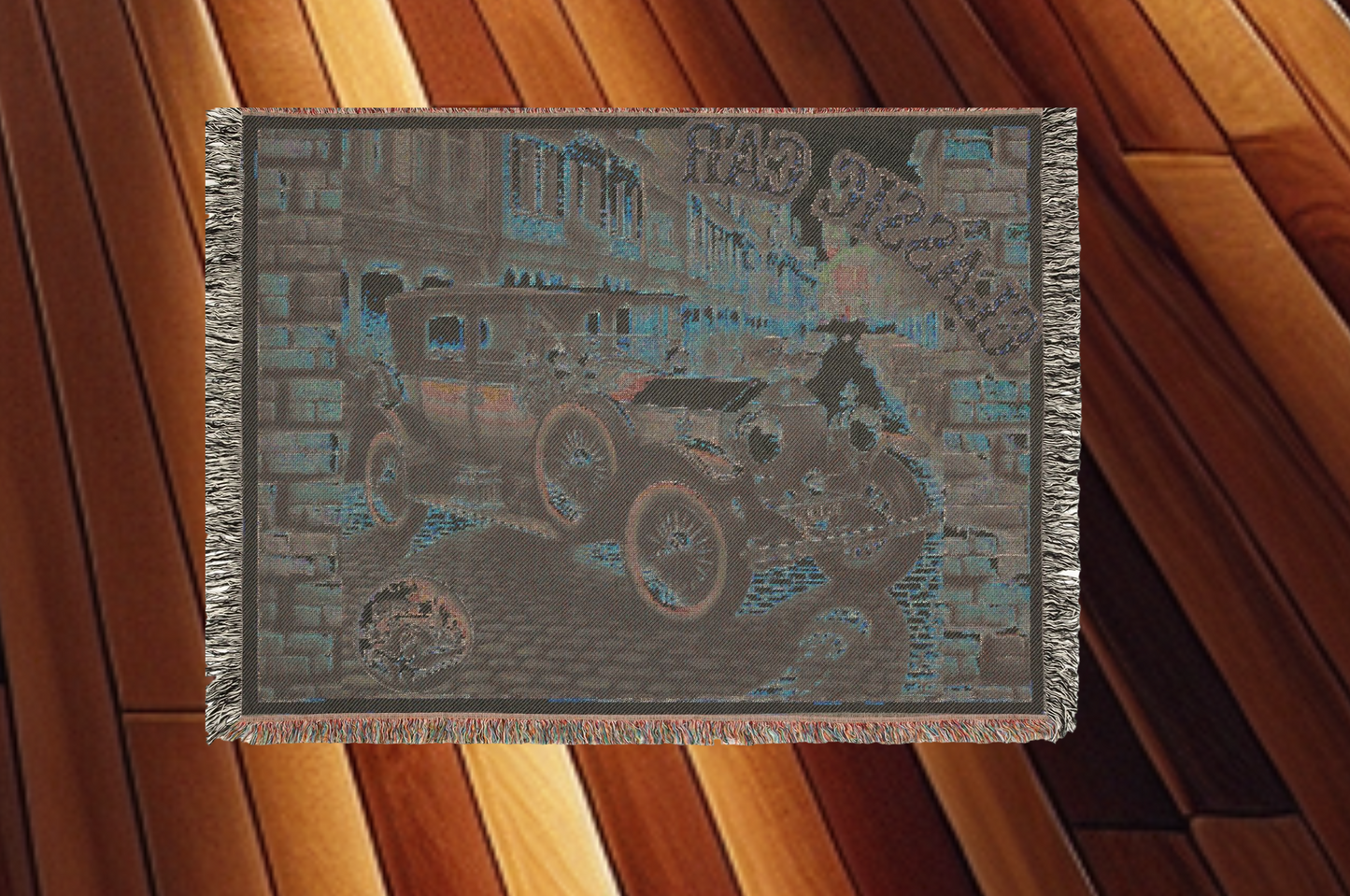 Blanket 80"x60", 60"x50", 52"x37"- Classic Blue Car Woven Blanket w/ Fringe