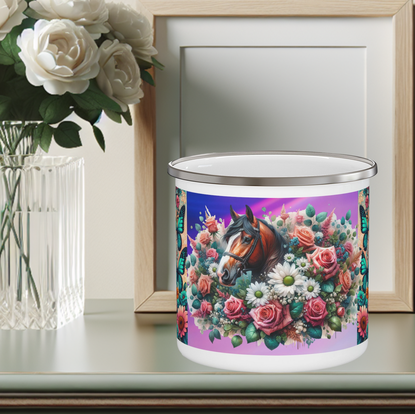Floral Horse Enamel Camping Mug