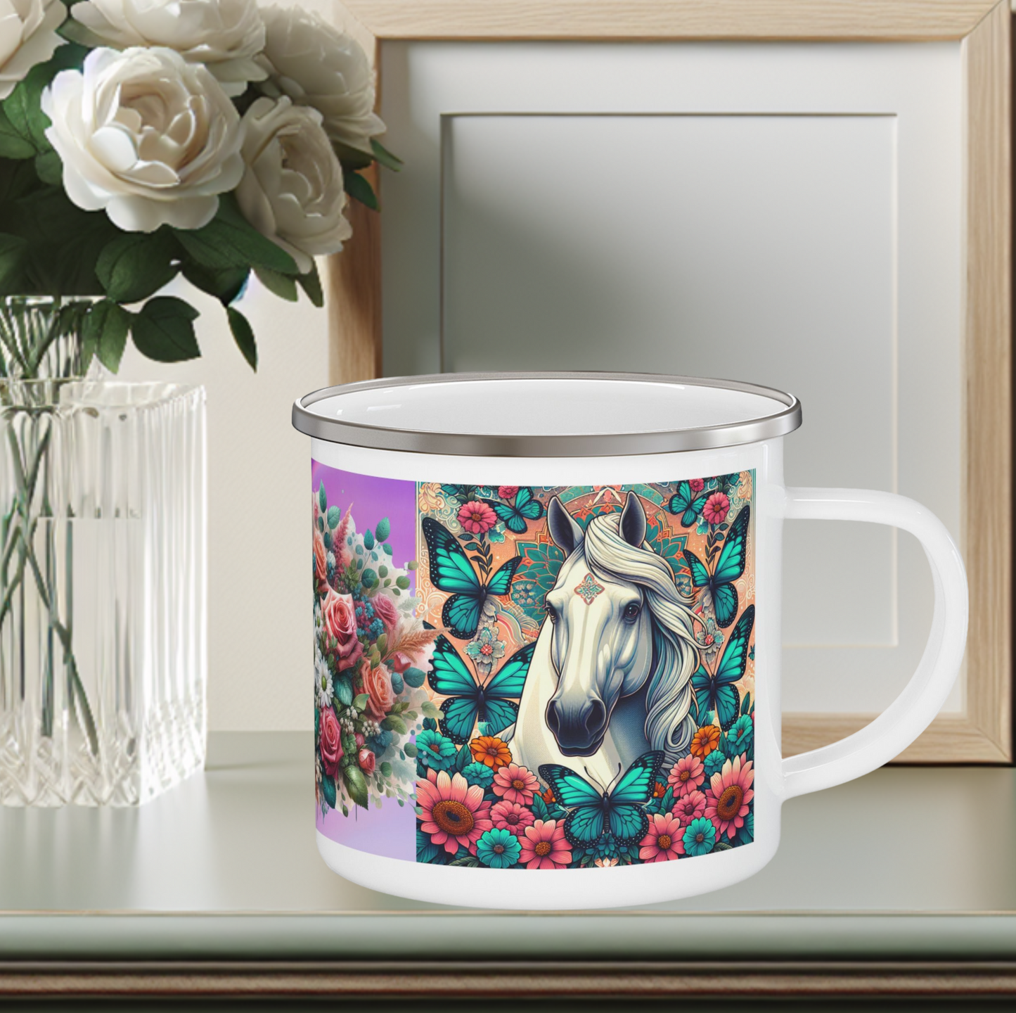 Floral Horse Enamel Camping Mug