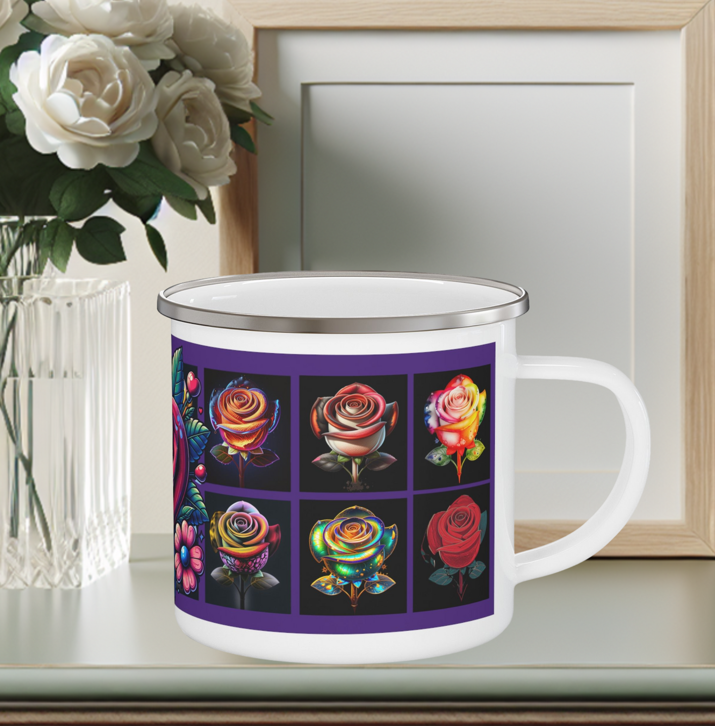 Enamel Mug - Roses Design Purple