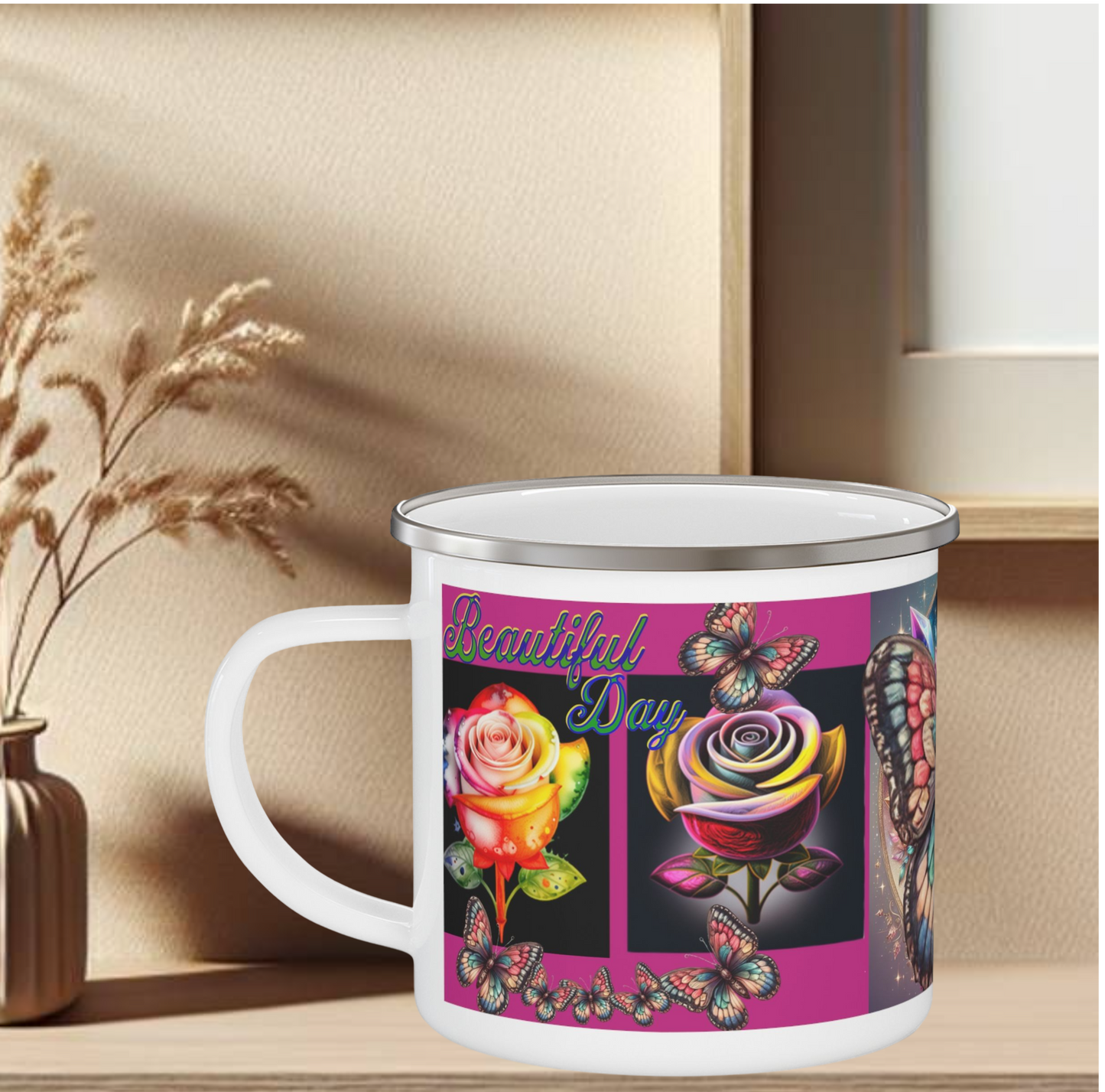 Enamel Mug Pink - Butterflys & Roses Camping Mug Gift for Nature Lovers and Outdoor Enthusiasts