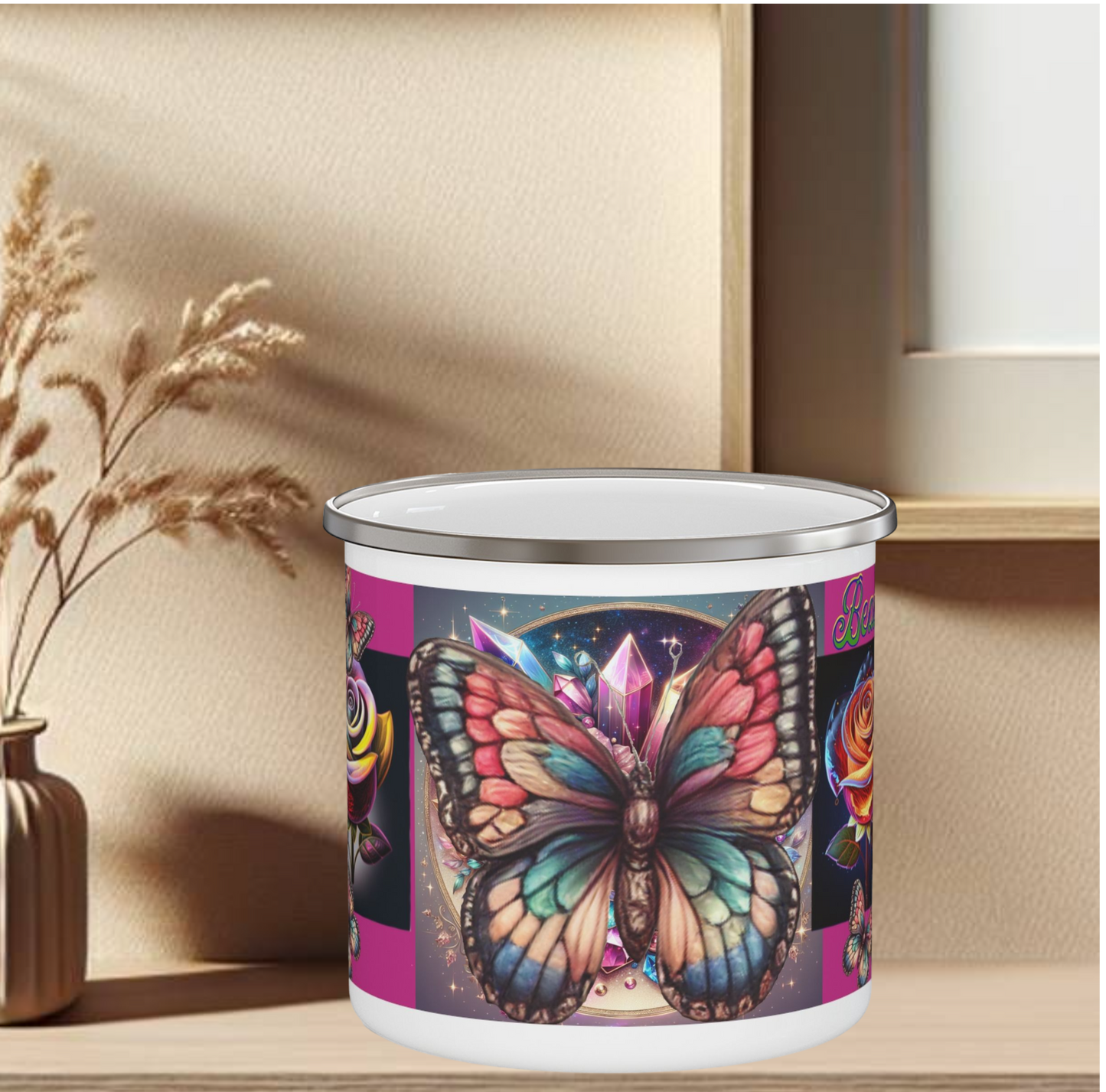 Enamel Mug Pink - Butterflys & Roses Camping Mug Gift for Nature Lovers and Outdoor Enthusiasts
