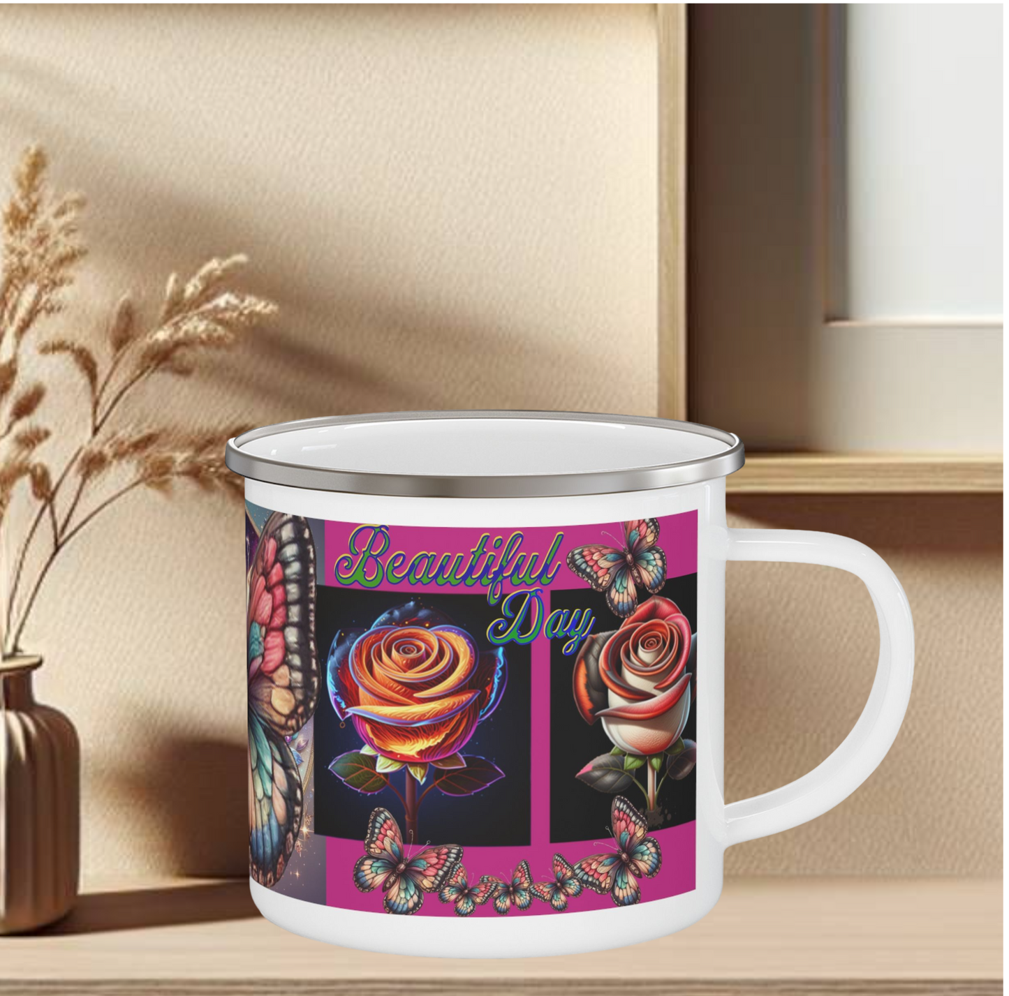 Enamel Mug Pink - Butterflys & Roses Camping Mug Gift for Nature Lovers and Outdoor Enthusiasts