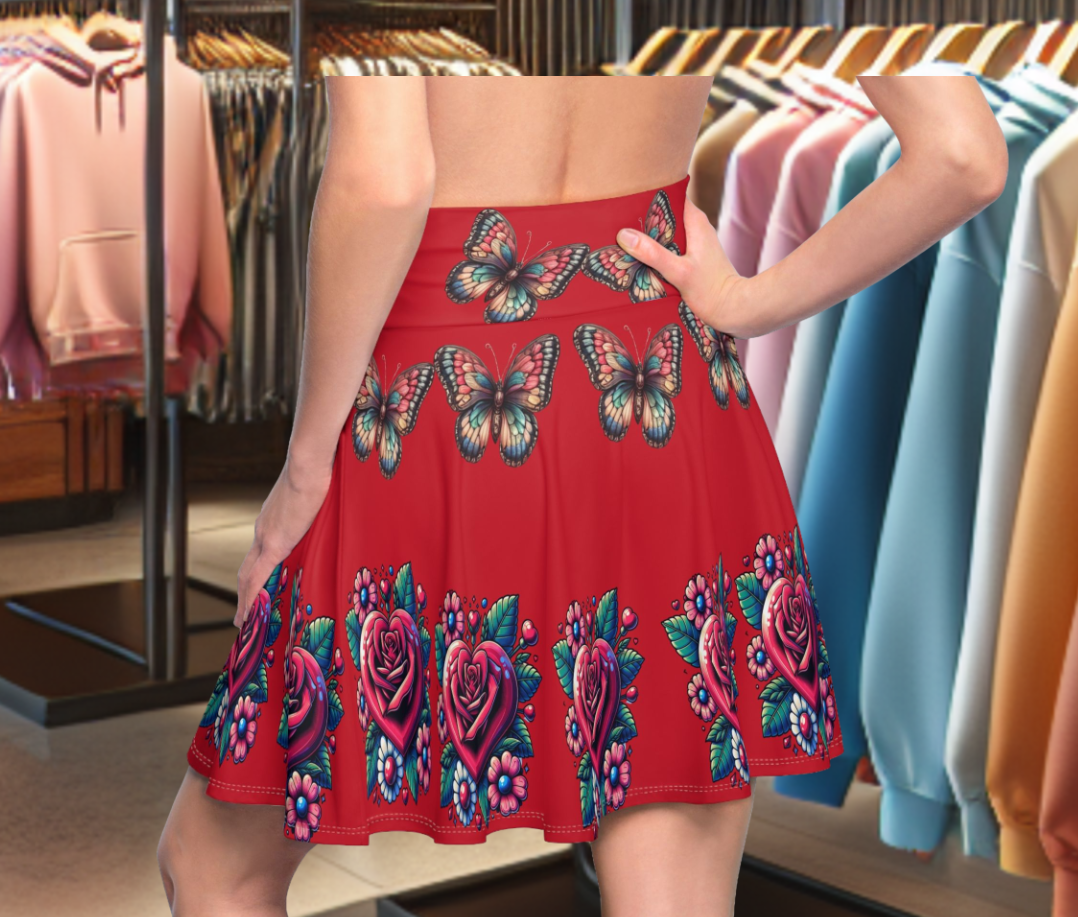 Skater Red Skirt - Floral With Butterflies Vintage Style for Women, Summer and Party Wear, Retro Fashion Gift