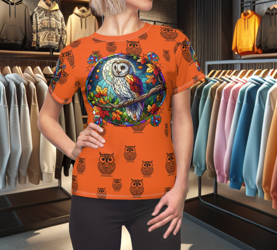 Orange Graphic Women's Tee - stain glass Owl on a branch