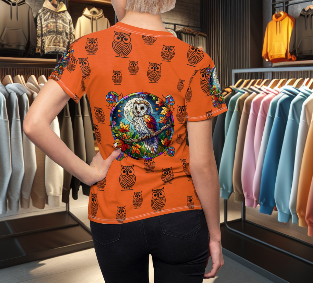 Orange Graphic Women's Tee - stain glass Owl on a branch