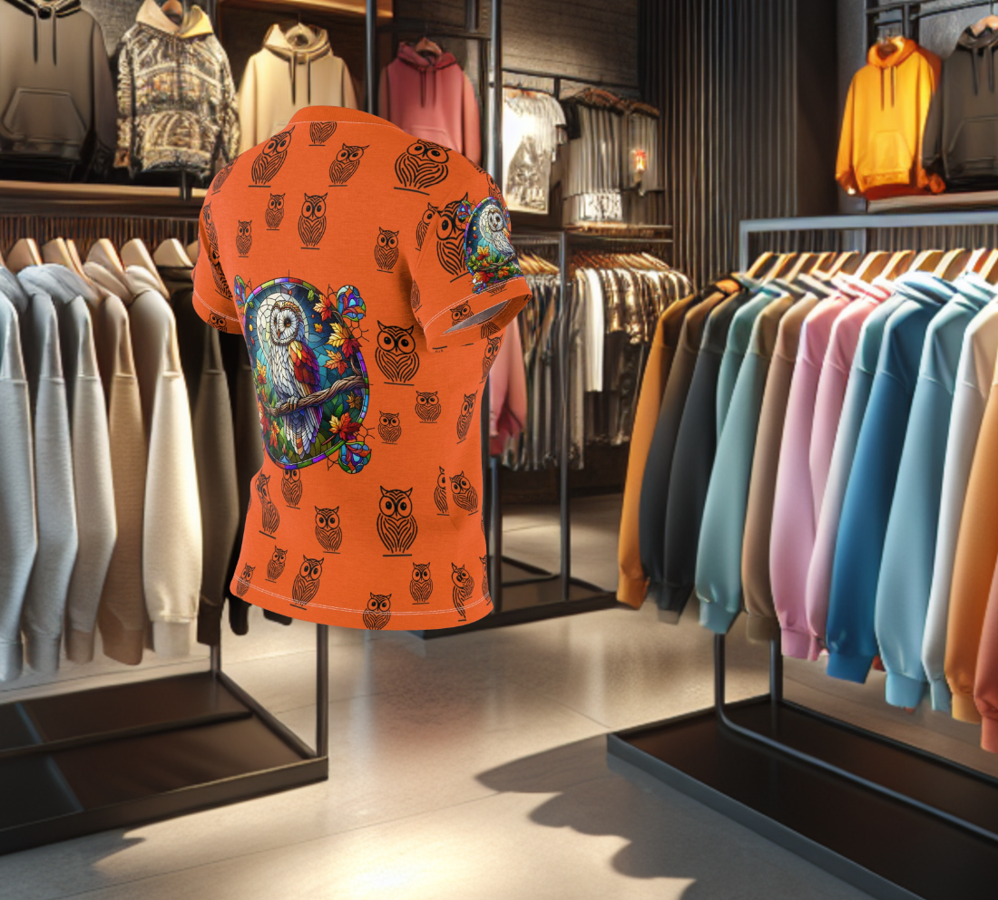 Orange Graphic Women's Tee - stain glass Owl on a branch