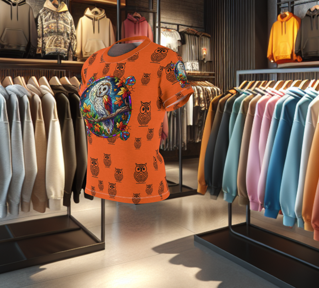 Orange Graphic Women's Tee - stain glass Owl on a branch