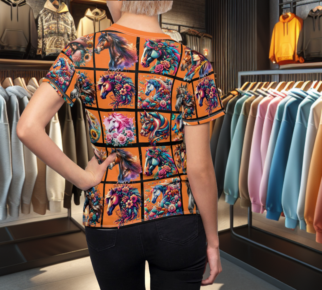 Women's Graphic Tee - Horse Heads Orange Design