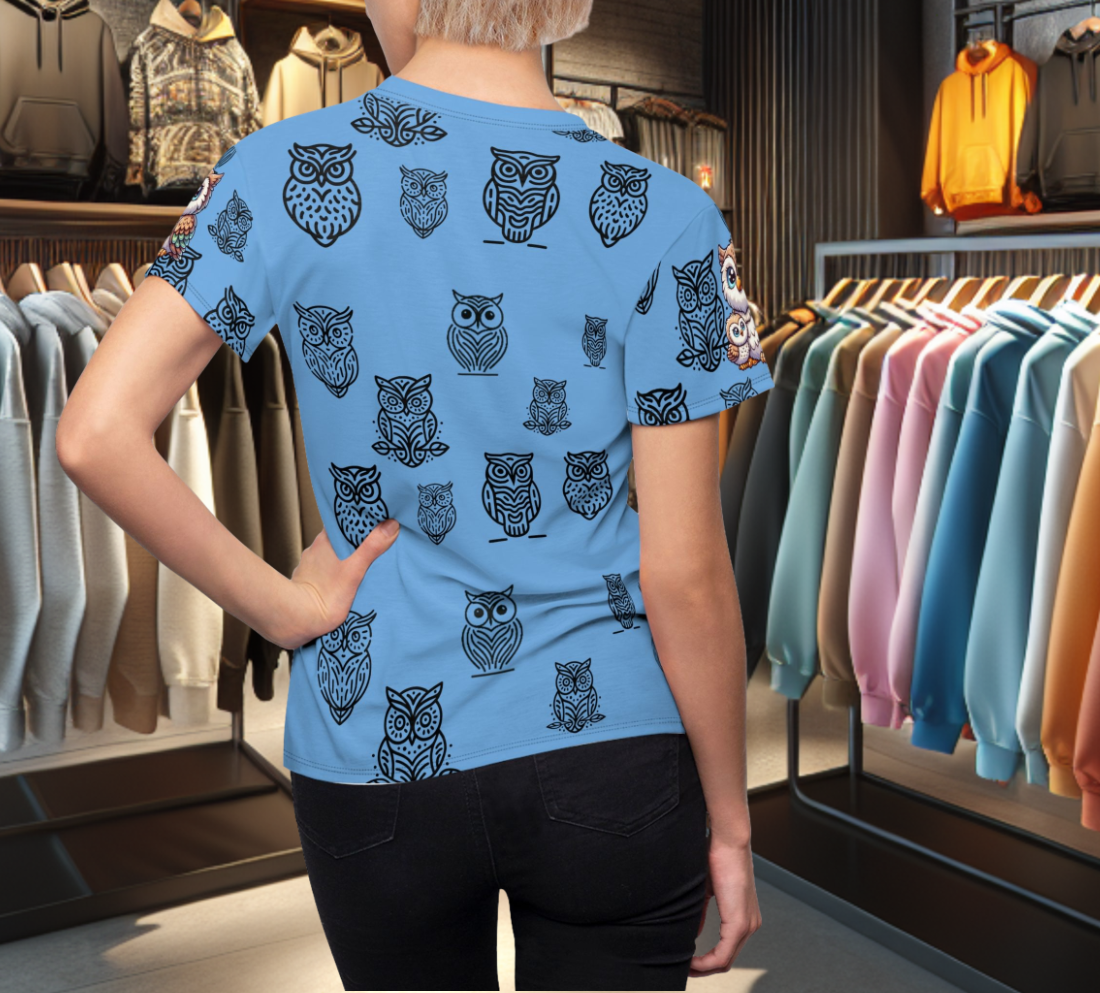 Adorable Owl Print Women's Blue Tee - Cute Owl Shirt for Animal Lovers