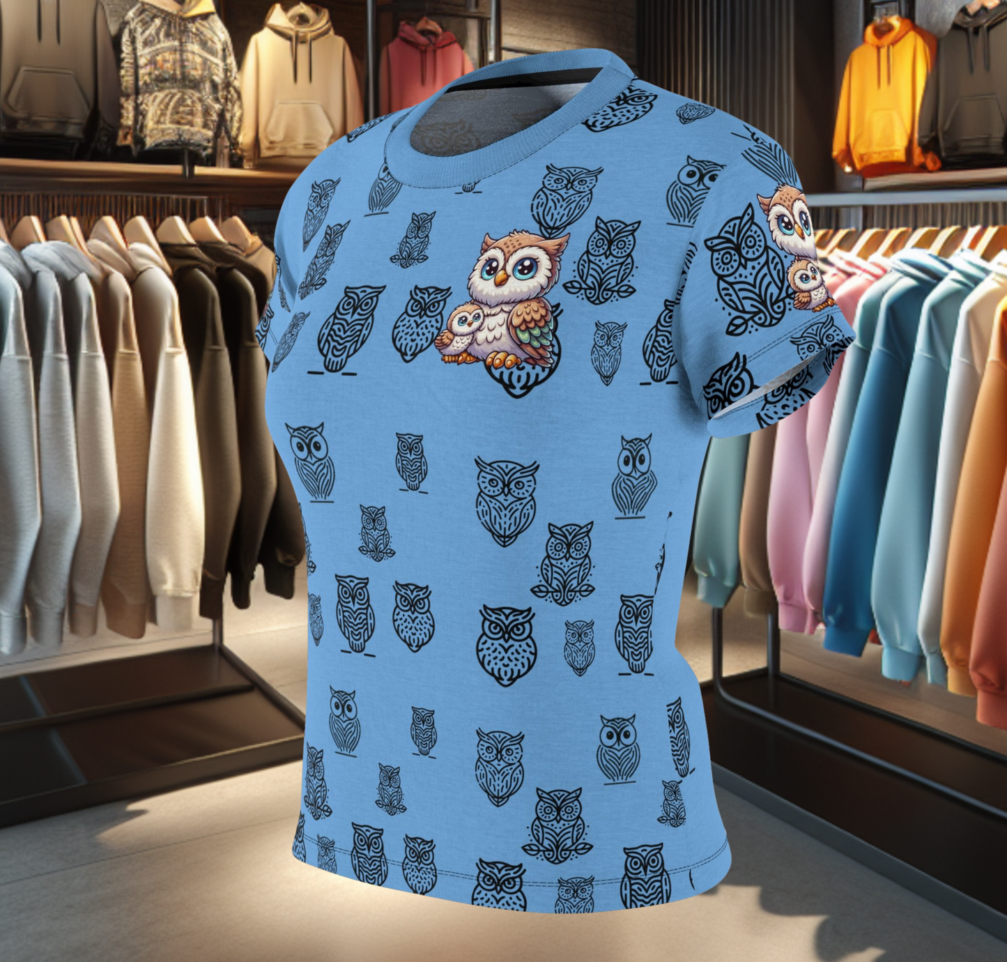 Adorable Owl Print Women's Blue Tee - Cute Owl Shirt for Animal Lovers