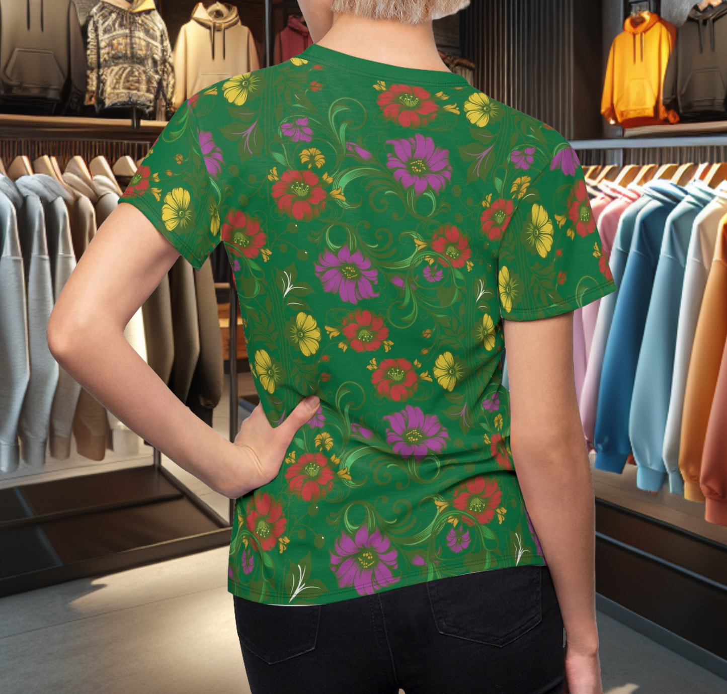 Floral Women's Tee - chicken in the Library - Green Background