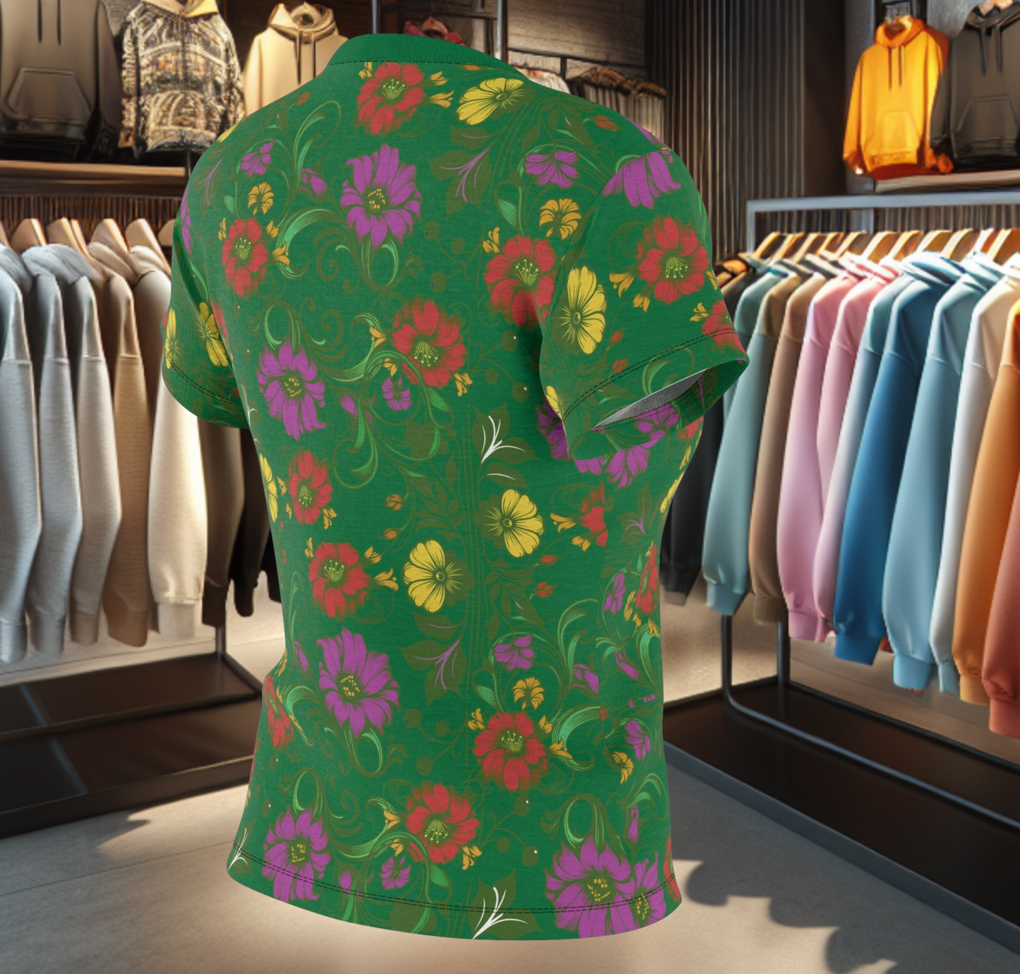 Floral Women's Tee - chicken in the Library - Green Background