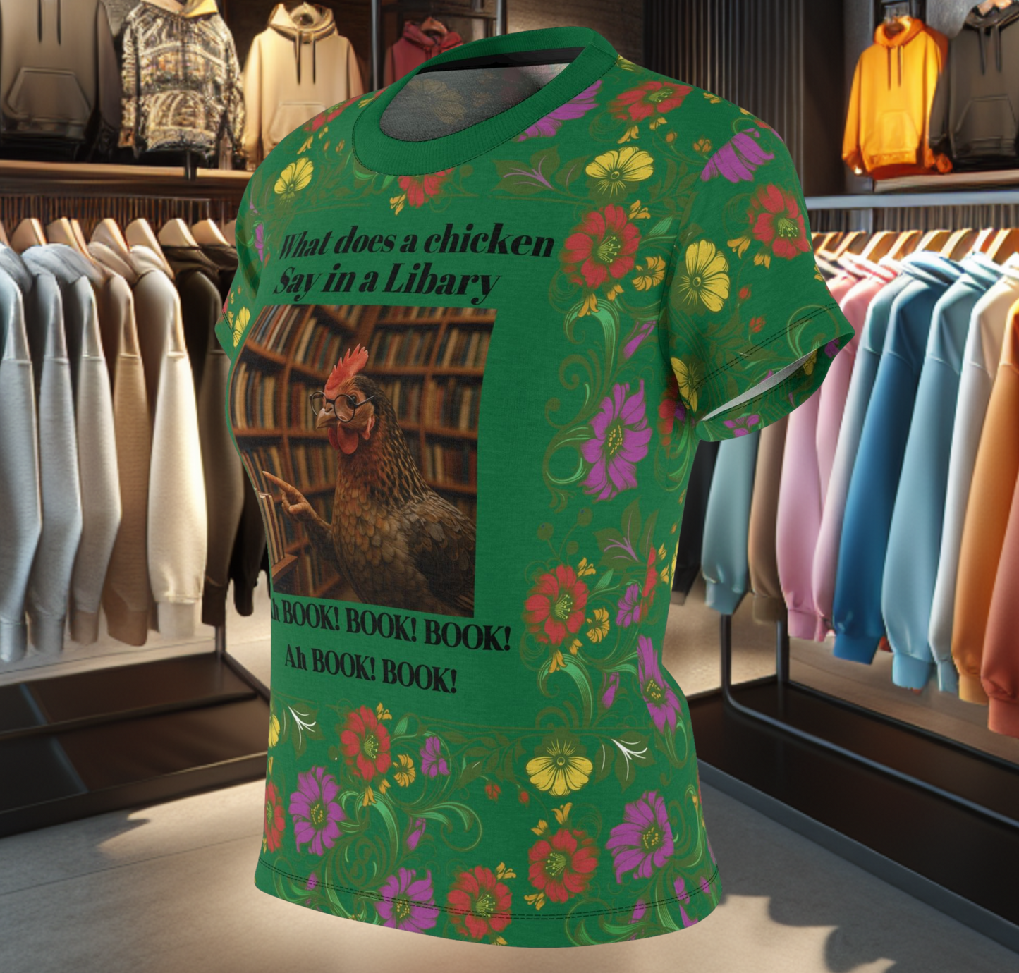 Floral Women's Tee - chicken in the Library - Green Background