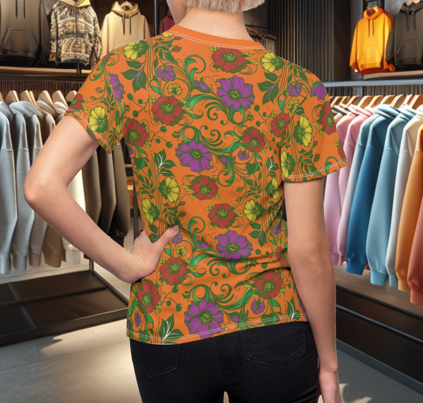 Floral Women's Tee - chicken in the Library - Orange Background