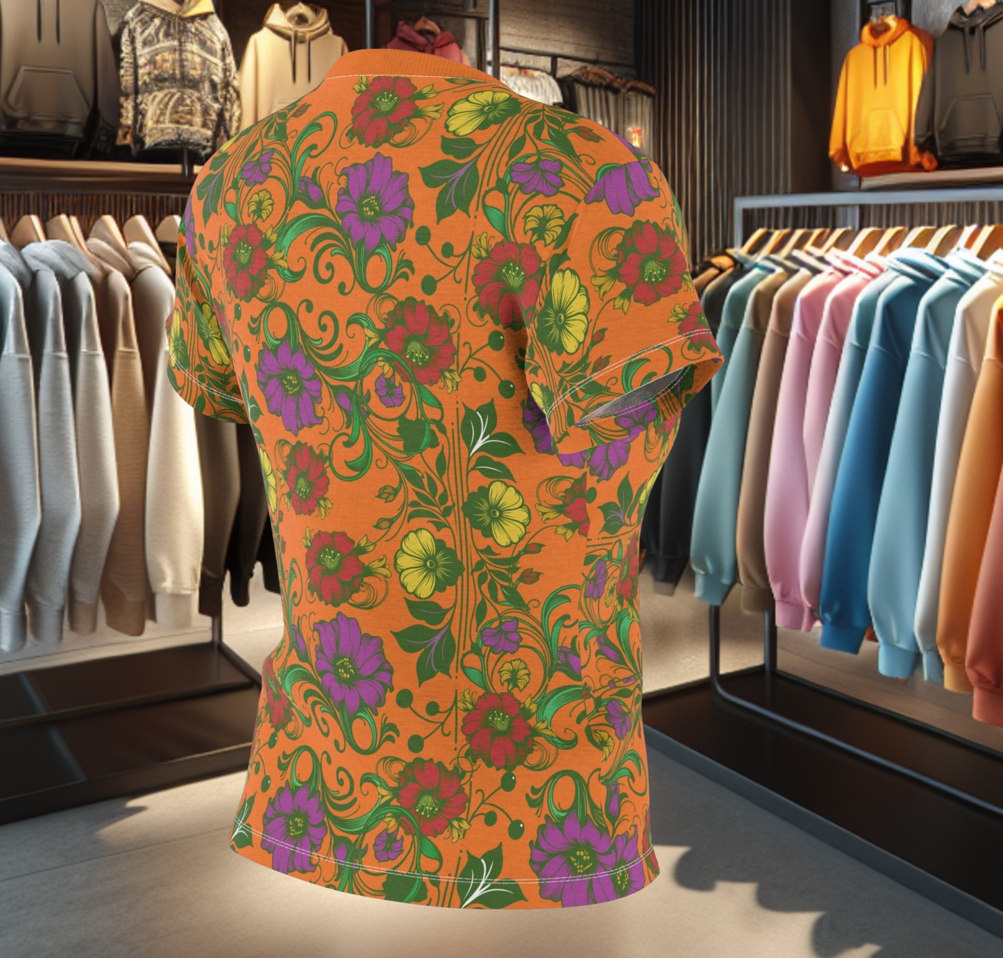 Floral Women's Tee - chicken in the Library - Orange Background