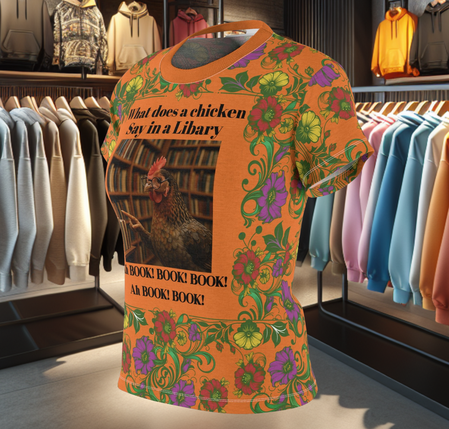 Floral Women's Tee - chicken in the Library - Orange Background