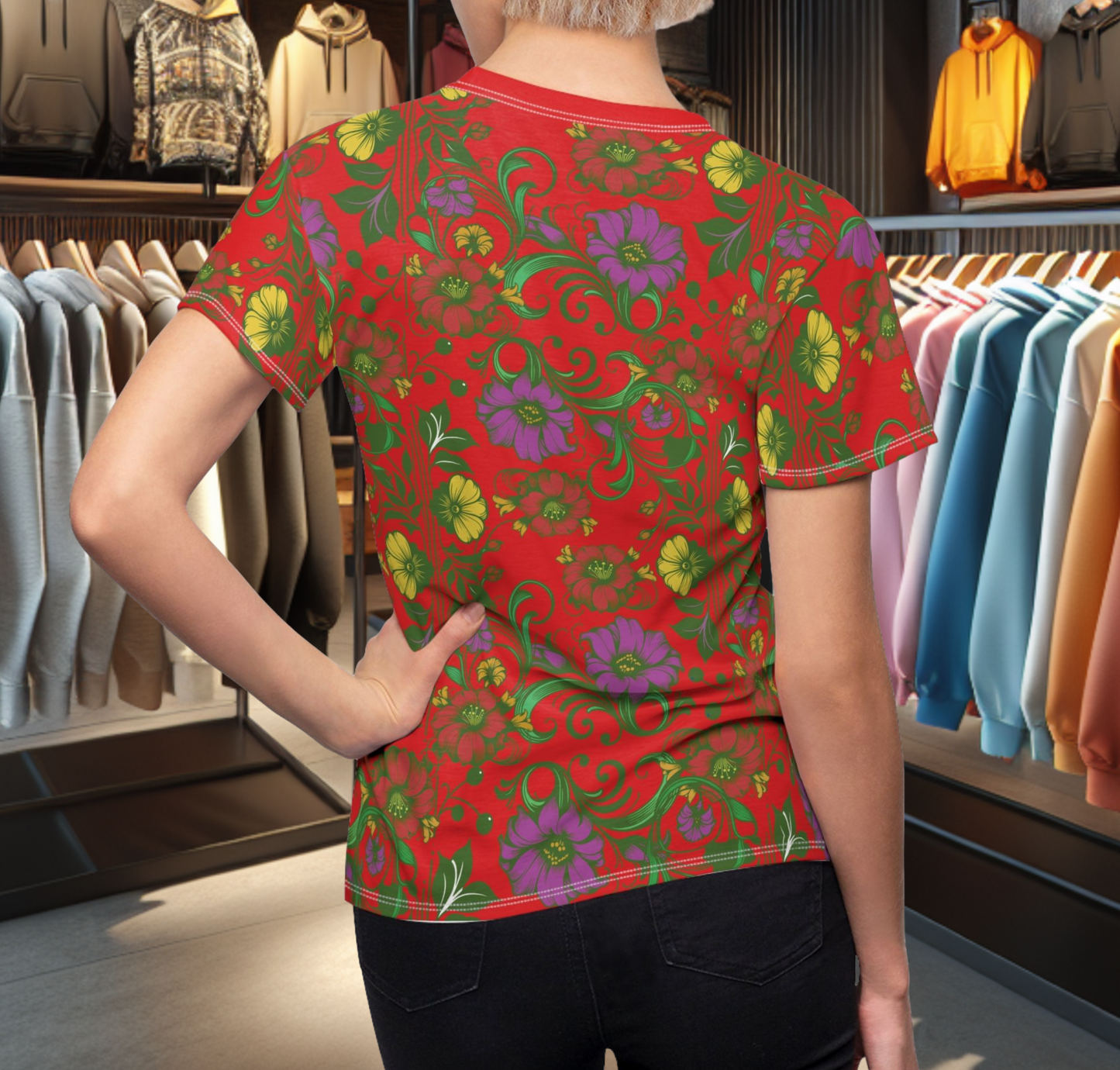 Floral Women's Tee - chicken in the Library - Red Background