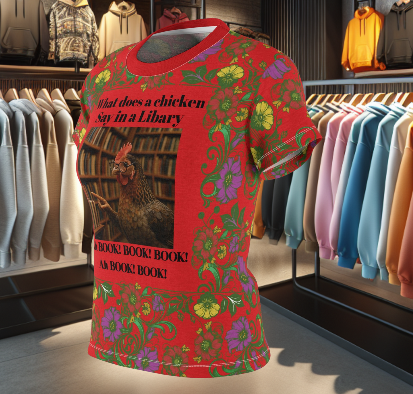 Floral Women's Tee - chicken in the Library - Red Background