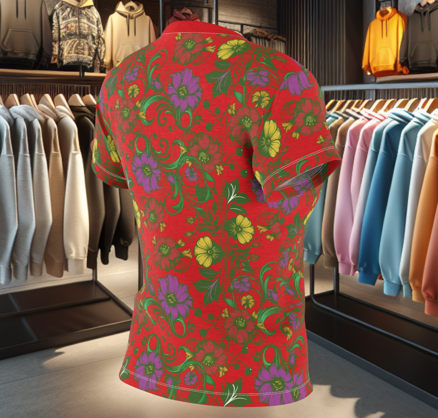 Floral Women's Tee - chicken in the Library - Red Background