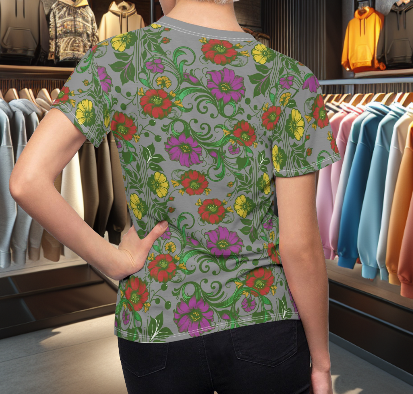 Floral Women's Tee - chicken in the Library - Gray Background