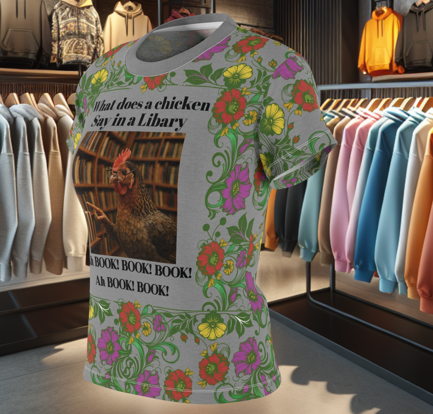 Floral Women's Tee - chicken in the Library - Gray Background