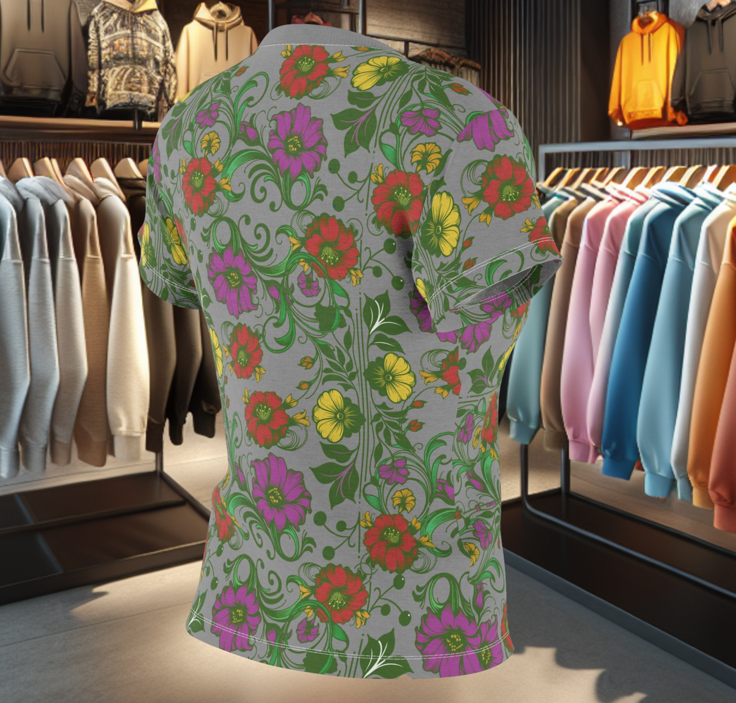 Floral Women's Tee - chicken in the Library - Gray Background