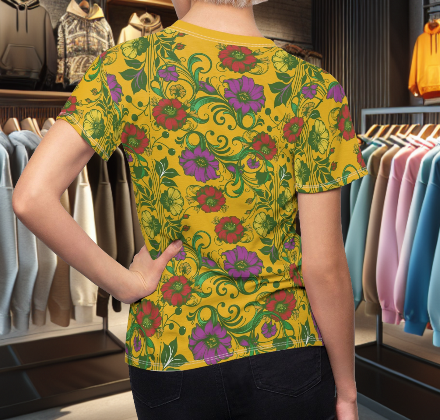 Floral Women's Tee - chicken in the Library - Yellow Background