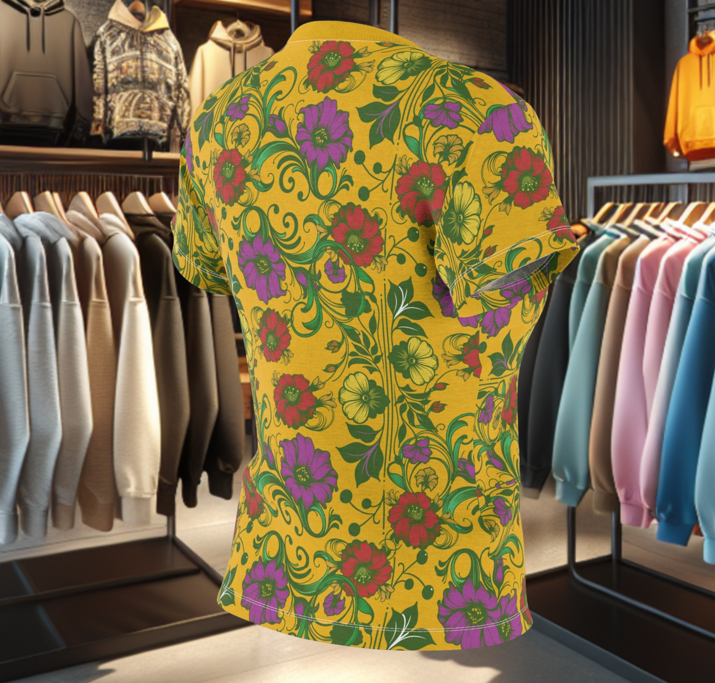 Floral Women's Tee - chicken in the Library - Yellow Background