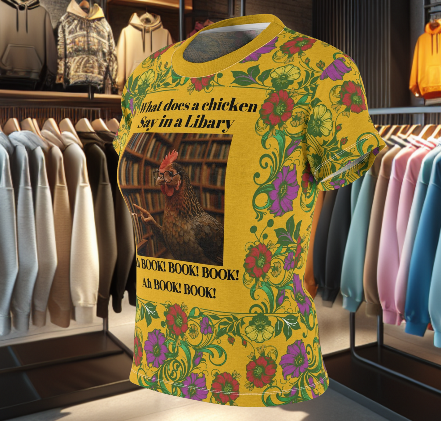 Floral Women's Tee - chicken in the Library - Yellow Background