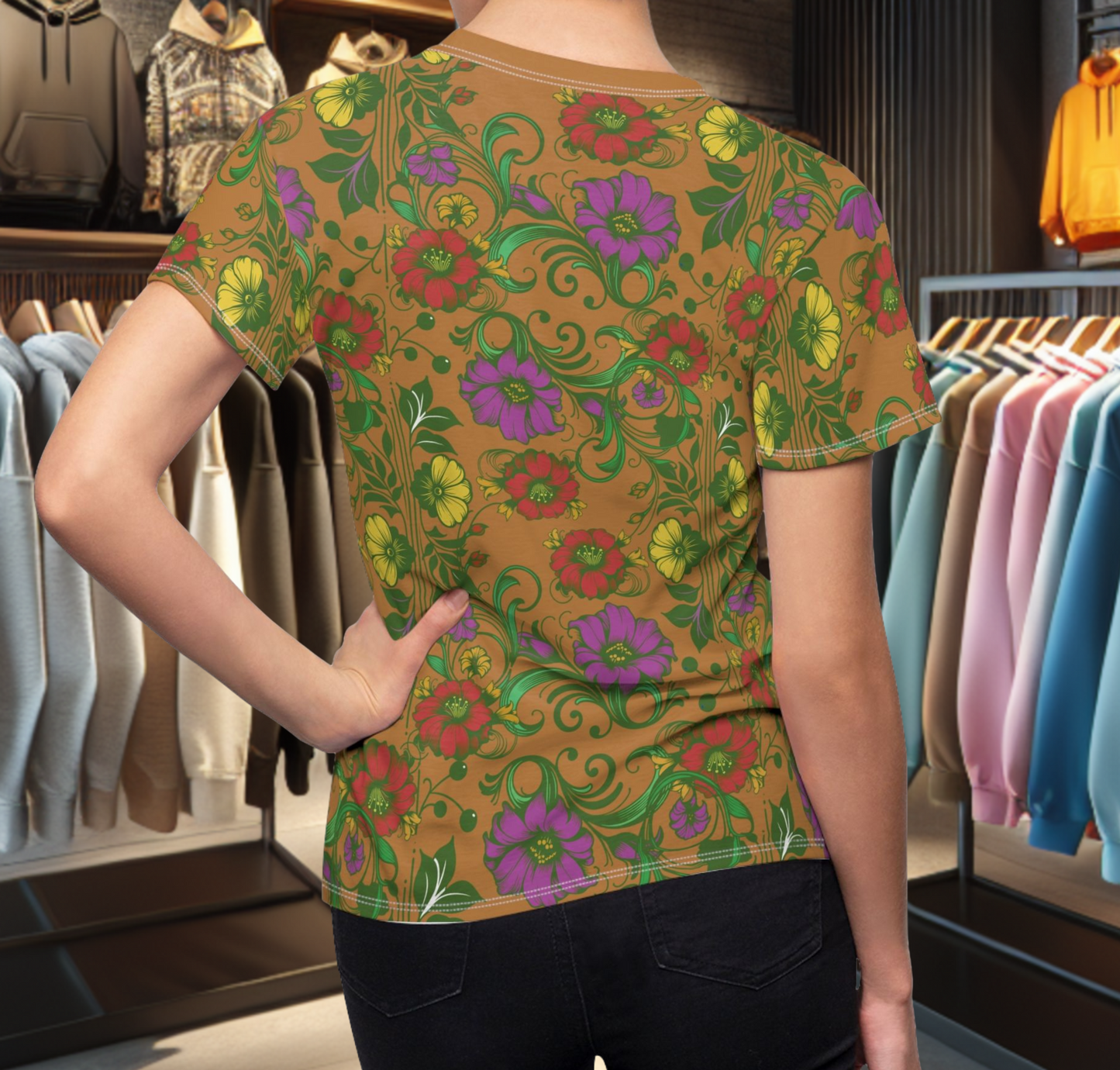 Floral Women's Tee - chicken in the Library - Brown Background