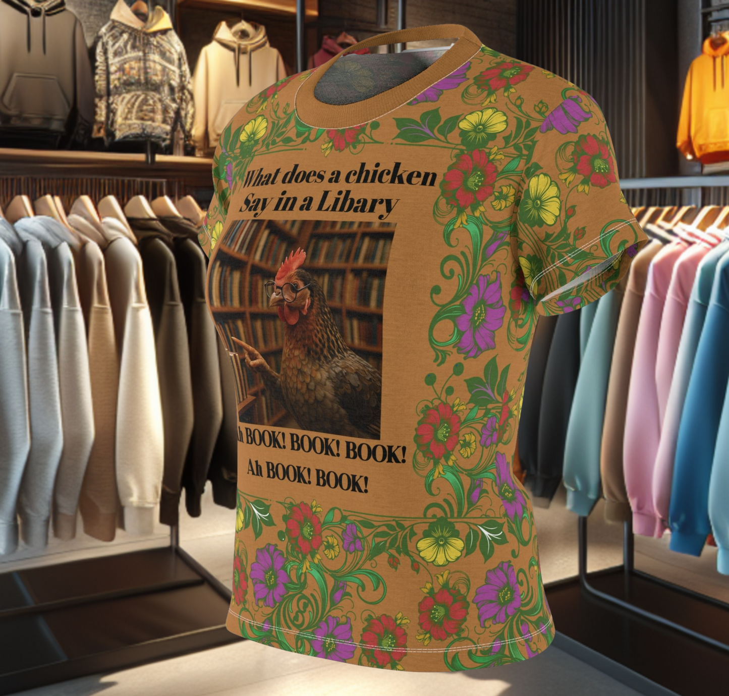 Floral Women's Tee - chicken in the Library - Brown Background