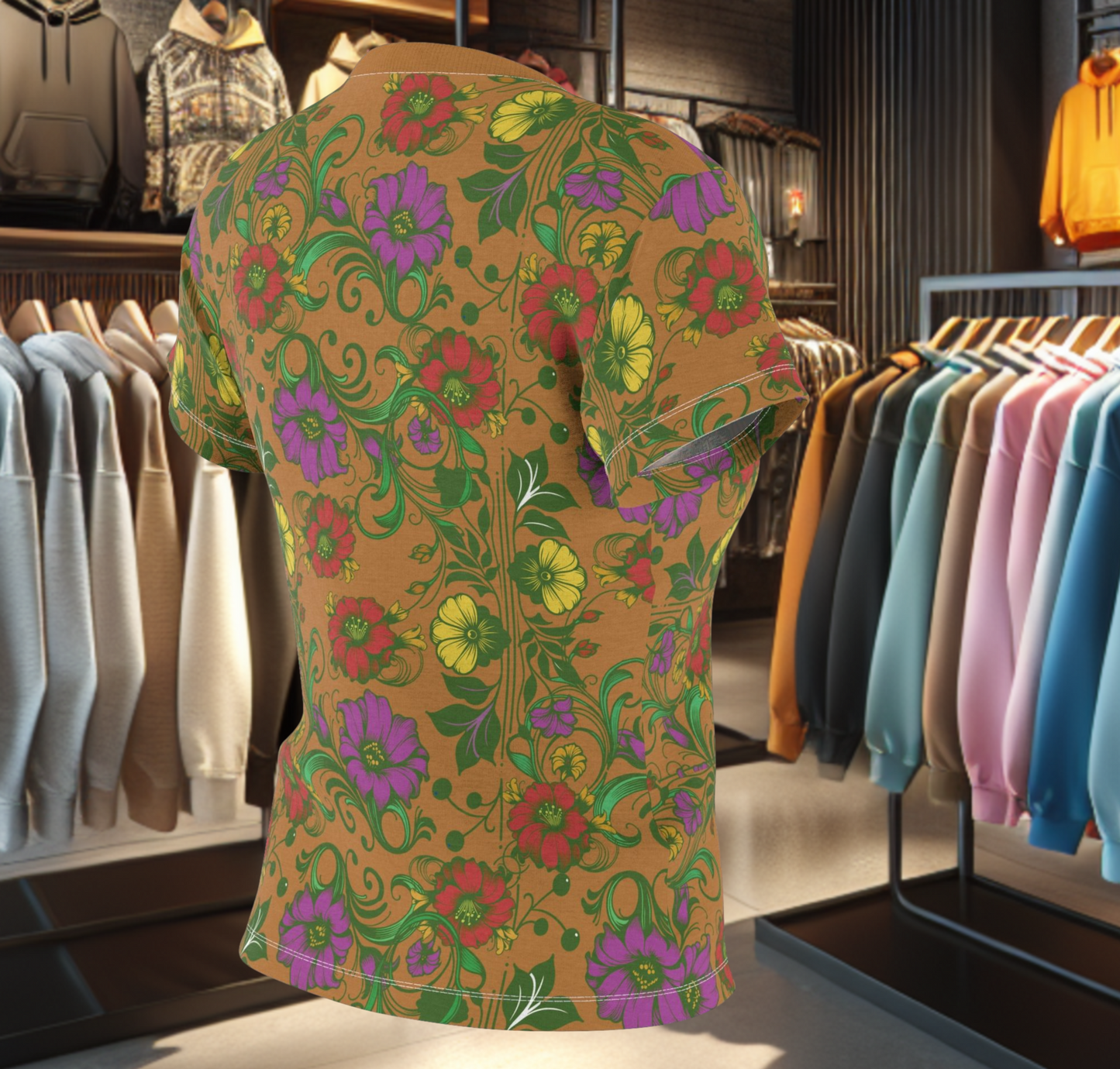 Floral Women's Tee - chicken in the Library - Brown Background