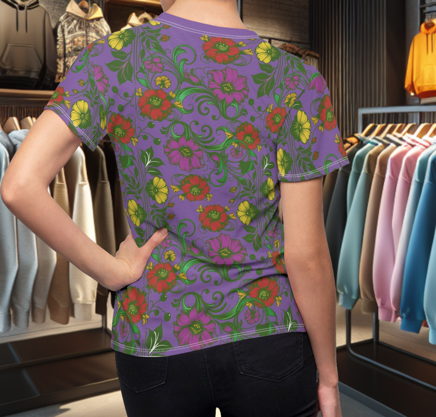 Floral Women's Tee - chicken in the Library - Purple Background