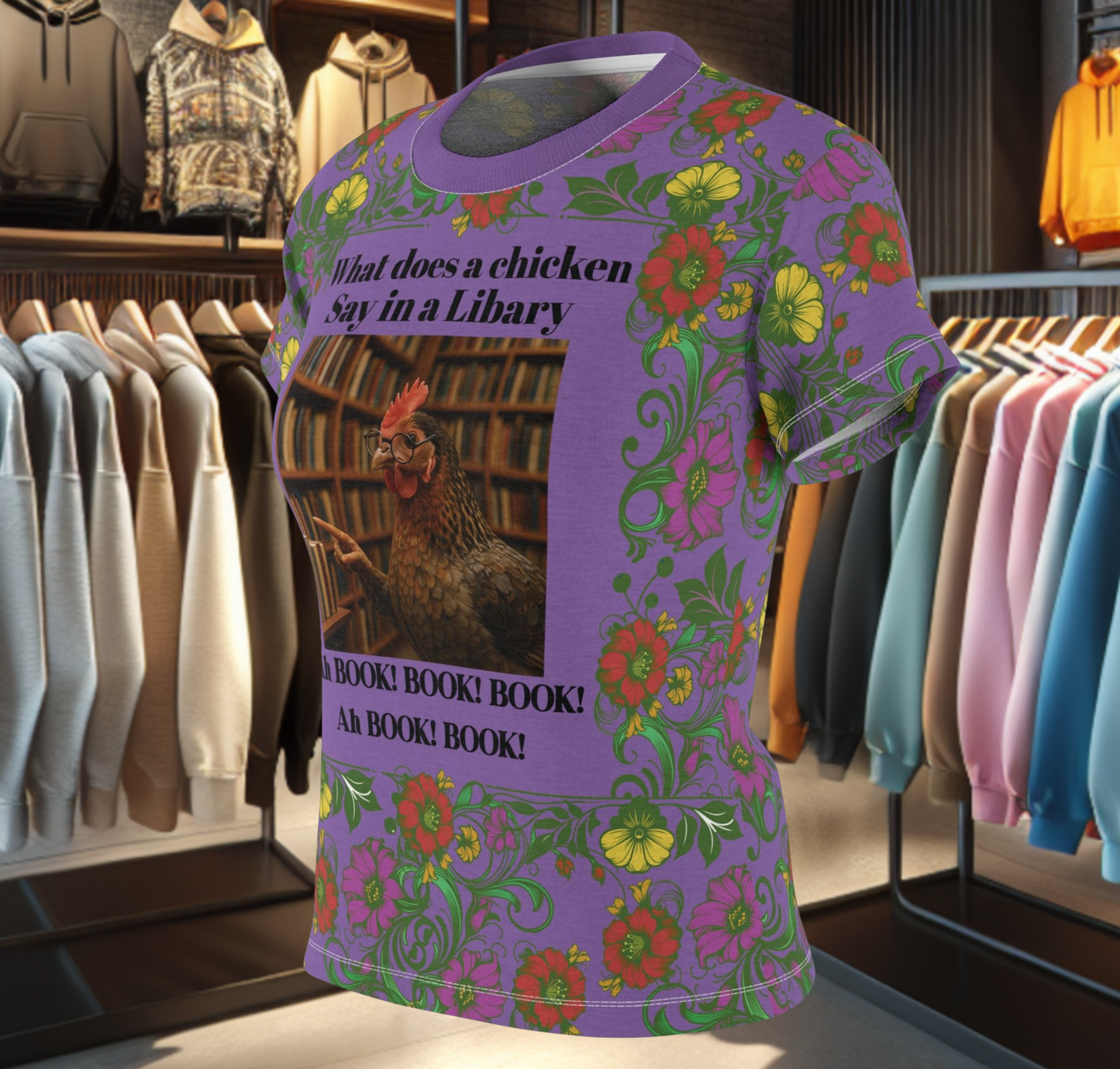 Floral Women's Tee - chicken in the Library - Purple Background