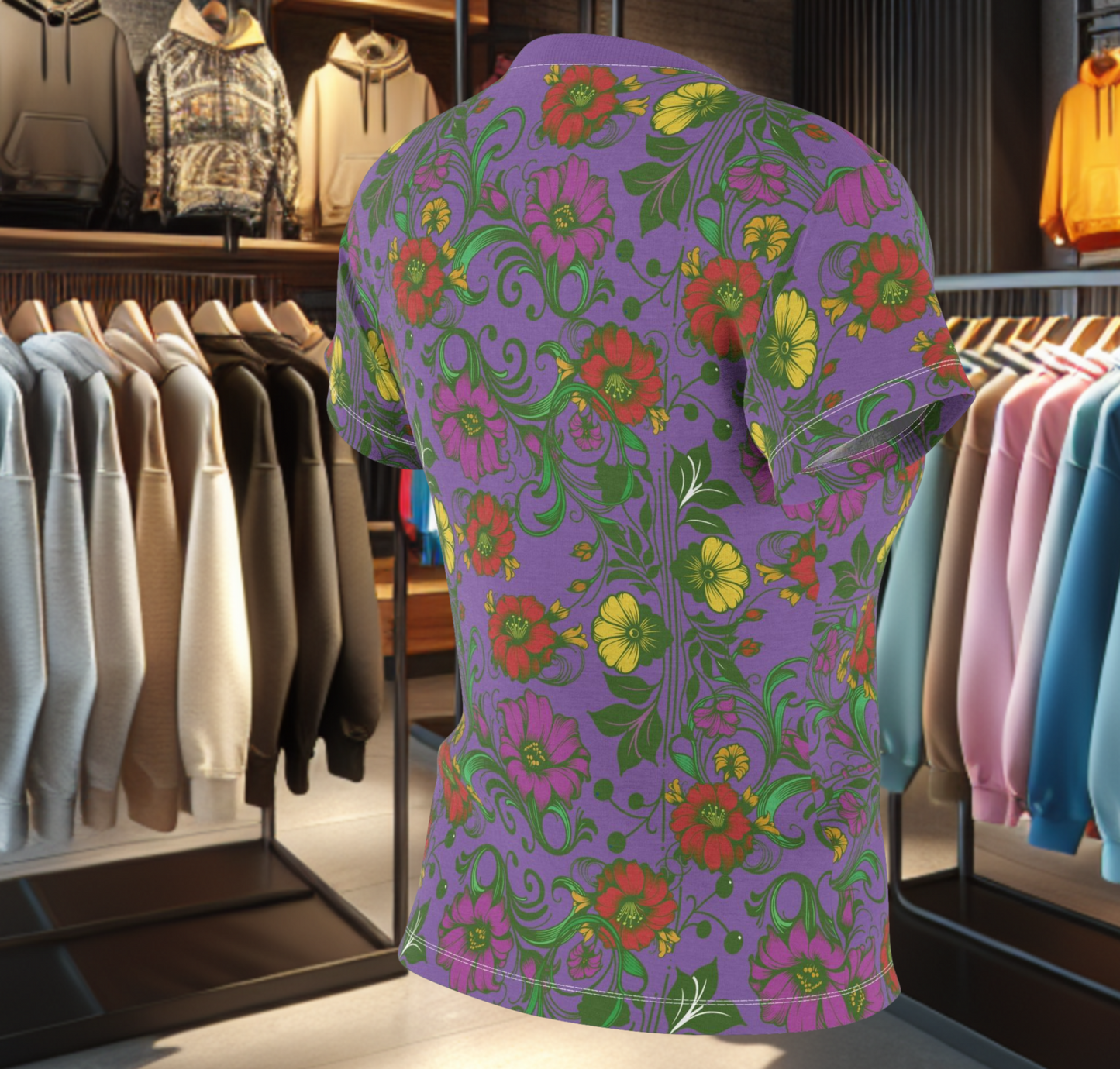 Floral Women's Tee - chicken in the Library - Purple Background